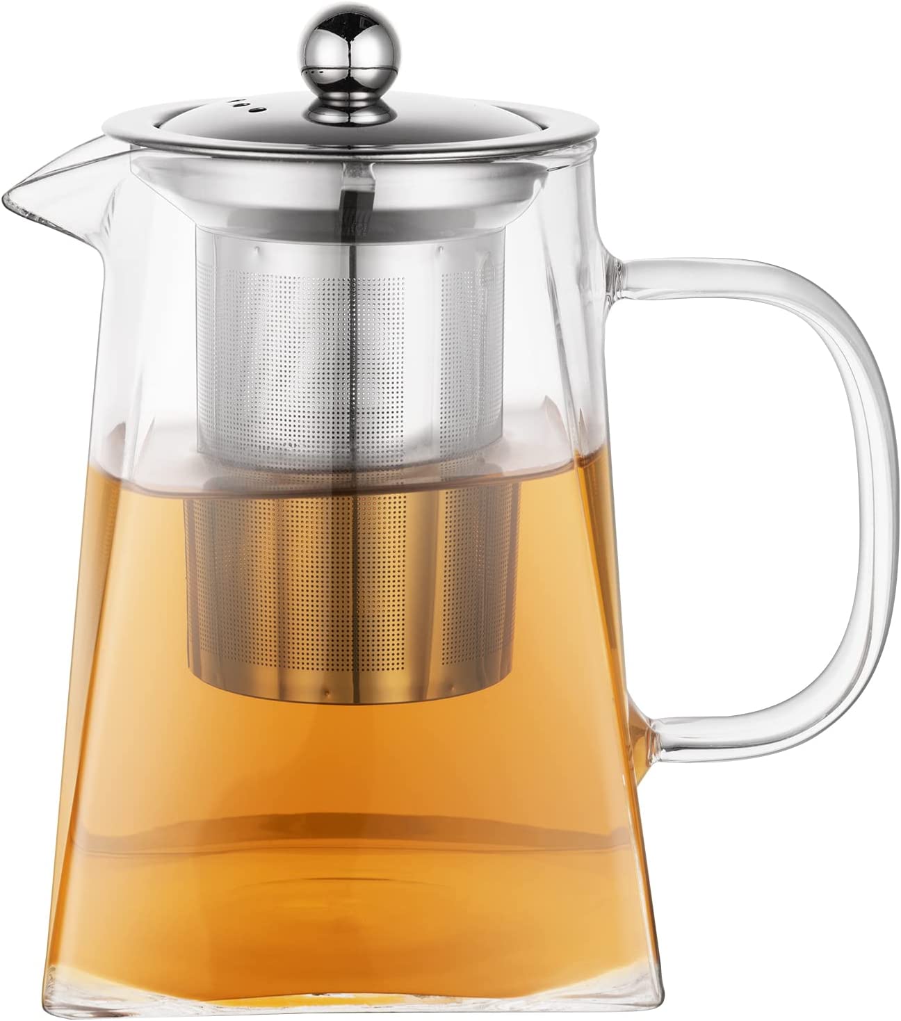 Wisolt Glass Teapots with Removable Infuser, Tall Borosilicate Glass Teapot for Loose Leaves, Square Shape, Stainless Steel Sieve & Stainless Steel Lid, transparent, 750ml