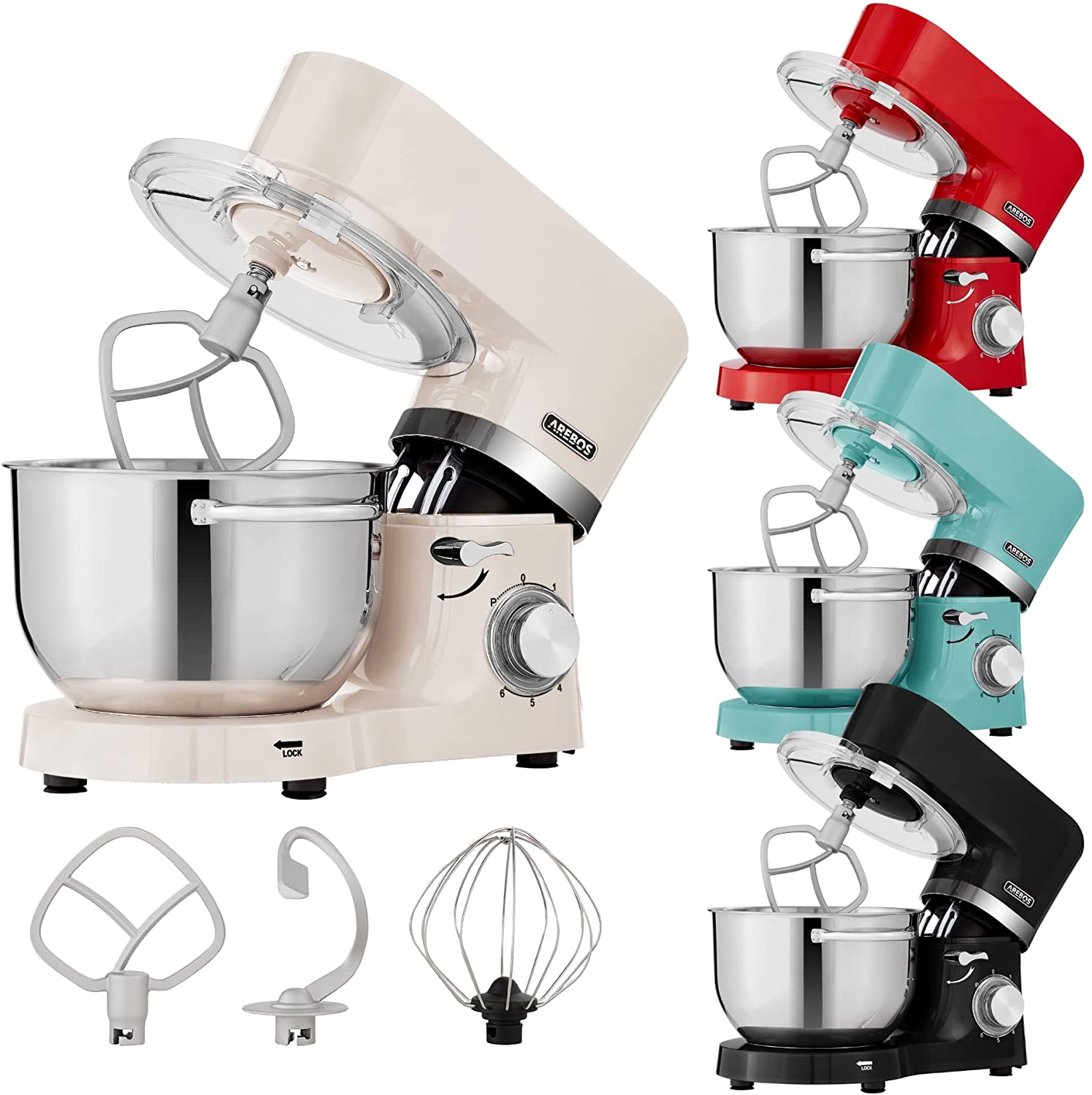 Arebos Food Processor 1500 W Cream Kneading Machine with 2 x Stainless Steel Mixing Bowls 4.5 & 5.5 L Low Noise Kitchen Mixer with Mixing Hook, Dough Hook, Whisk and Splash Guard 6 Speeds