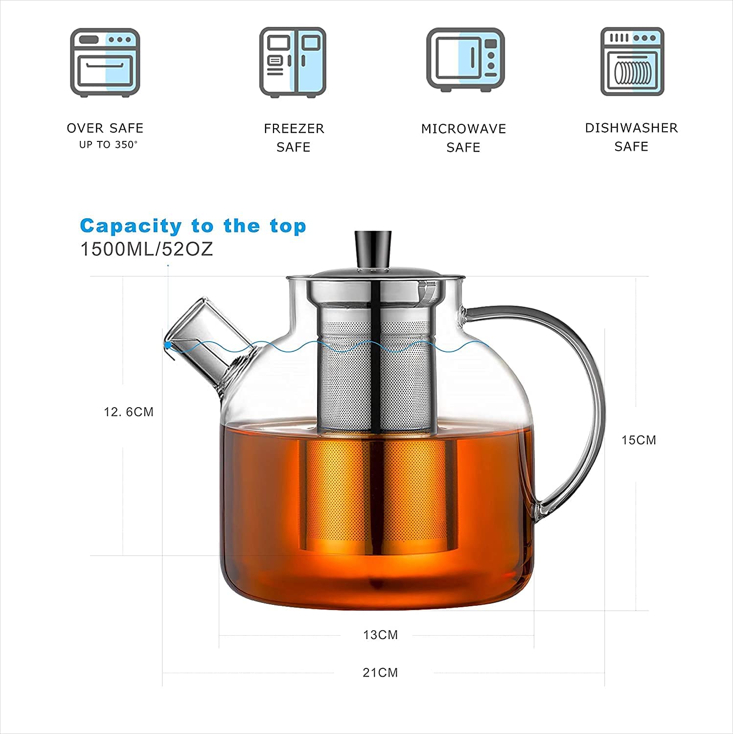 Ehugos Teapot 1500 ml Thick Glass Tea Maker with Stainless Steel Strainer Borosilicate Glass Jug
