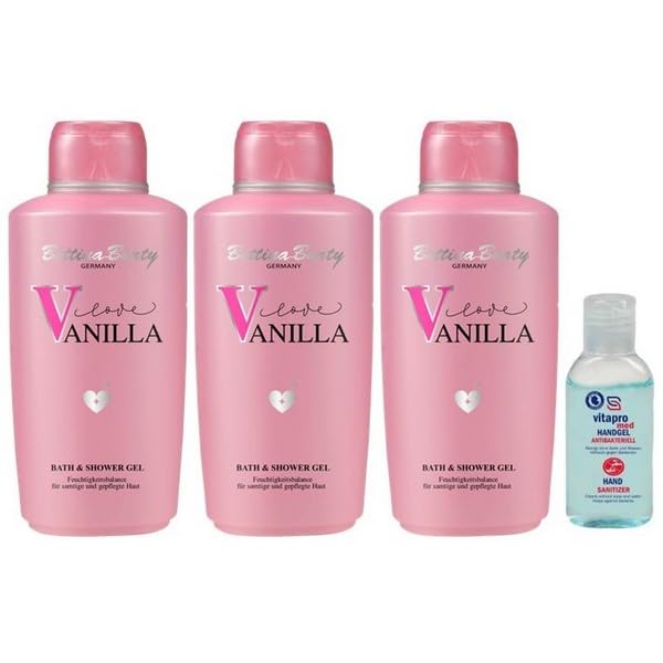 Bettina Barty Love Vanilla Bath & Shower Gel 3 x 500 ml Includes Free Vitapro Hand Gel 50 ml