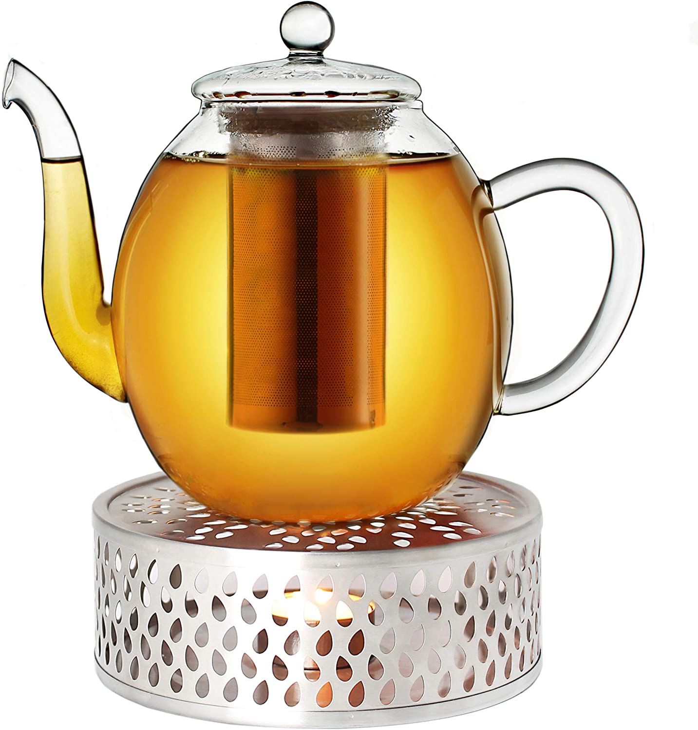 Creano Glass Teapot 1.5 L + a stainless steel warmer, 3-piece glass teapot with integrated stainless steel strainer and glass lid, ideal for preparing loose teas, drip-free
