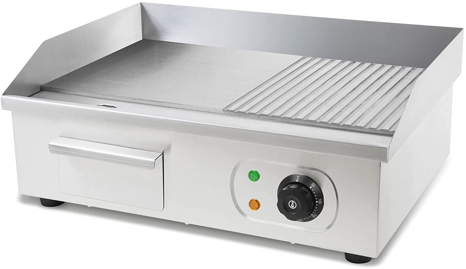 Eberth Vertes Grill Plate, Plancha Grill, Electric 3000 W, Stainless Steel (Grill Surface, Smooth & With Grooves, 55 x 35 cm, Thermostat, Temperature 50 - 300 °C, Spray & Heat Protection, Collection Container, Rubber Feet)
