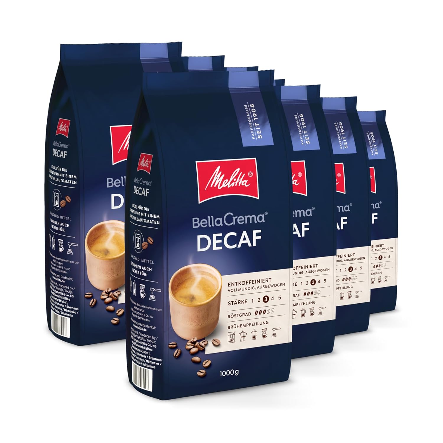 Melitta BellaCrema Decaf Whole Coffee Beans Decaffeinated 8 x 1 kg, Unground, Coffee Beans for Fully Automatic Coffee, Caffeine-Free, Mild Roasting, Roasted in Germany, Strength 3