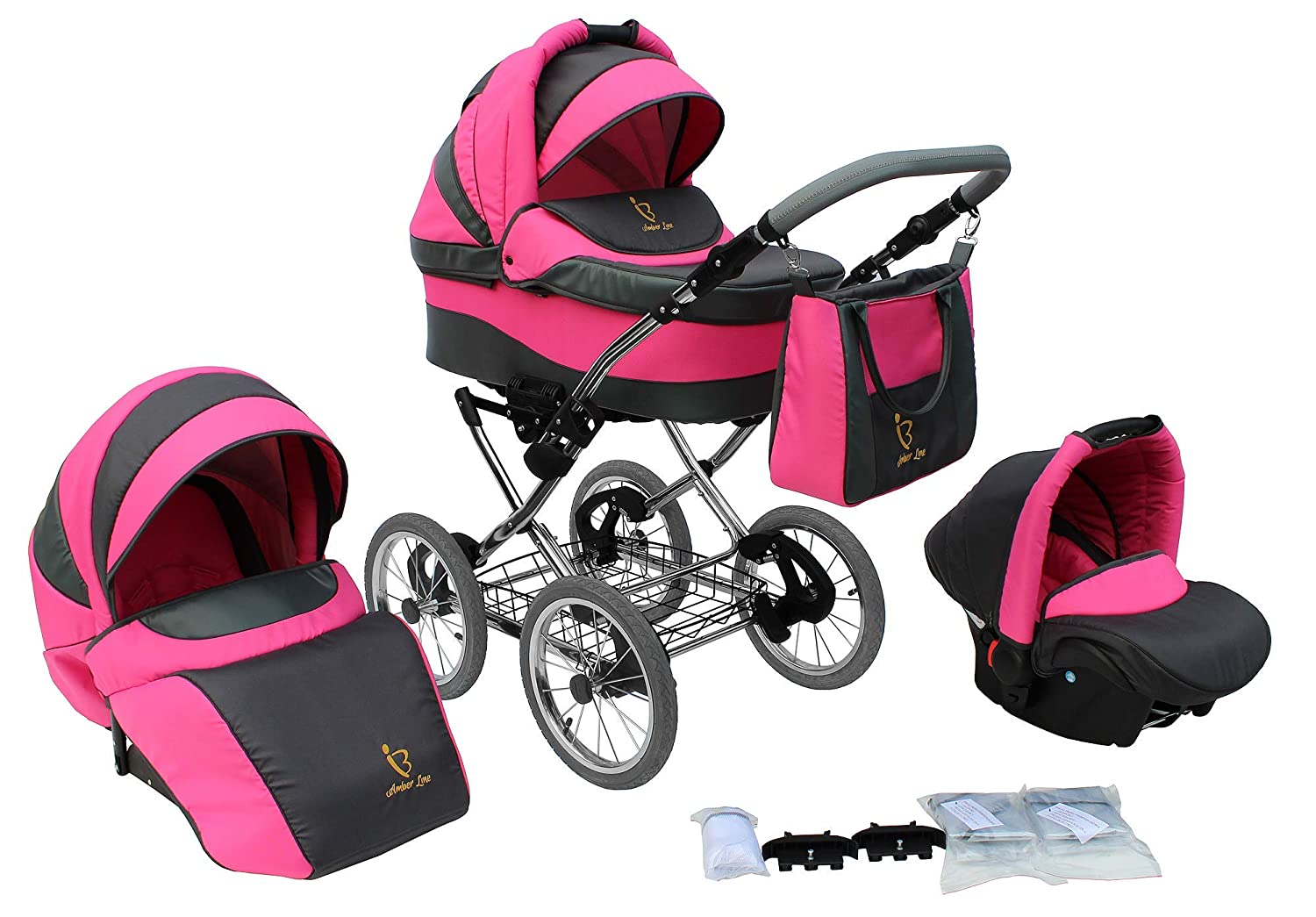 SKYLINE Classic Retro Style Combination Pram Buggy 3-in-1 Travel System Car Seat (Isofix) (Pink/14 Inch Air Tyres)
