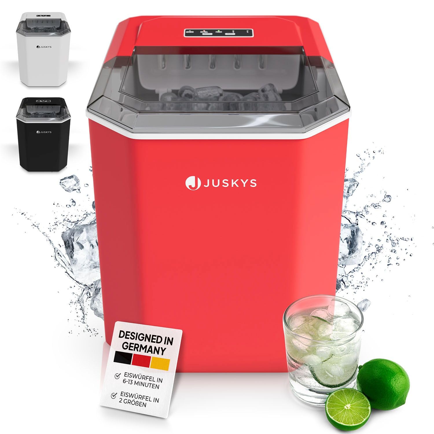 Juskys ice cube machine IceOracle - Cocktail ice cubes in 6-13 min - Mini ice cube maker for 12 kg/day - Large ice cube container - Red