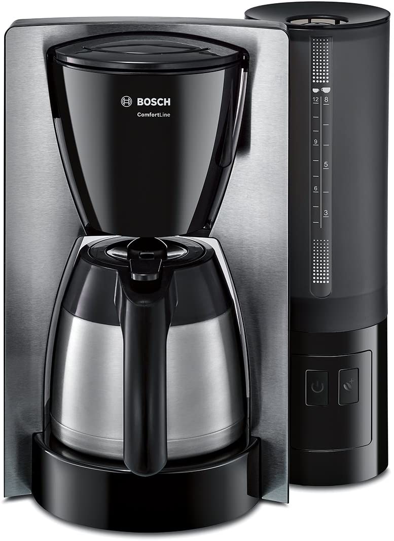 Bosch TKA6A683 ComfortLine Filter Coffee Maker, Aroma+, Thermos Jug, Removable Water Tank (1 Litre), 1200 W, Stainless Steel / Black