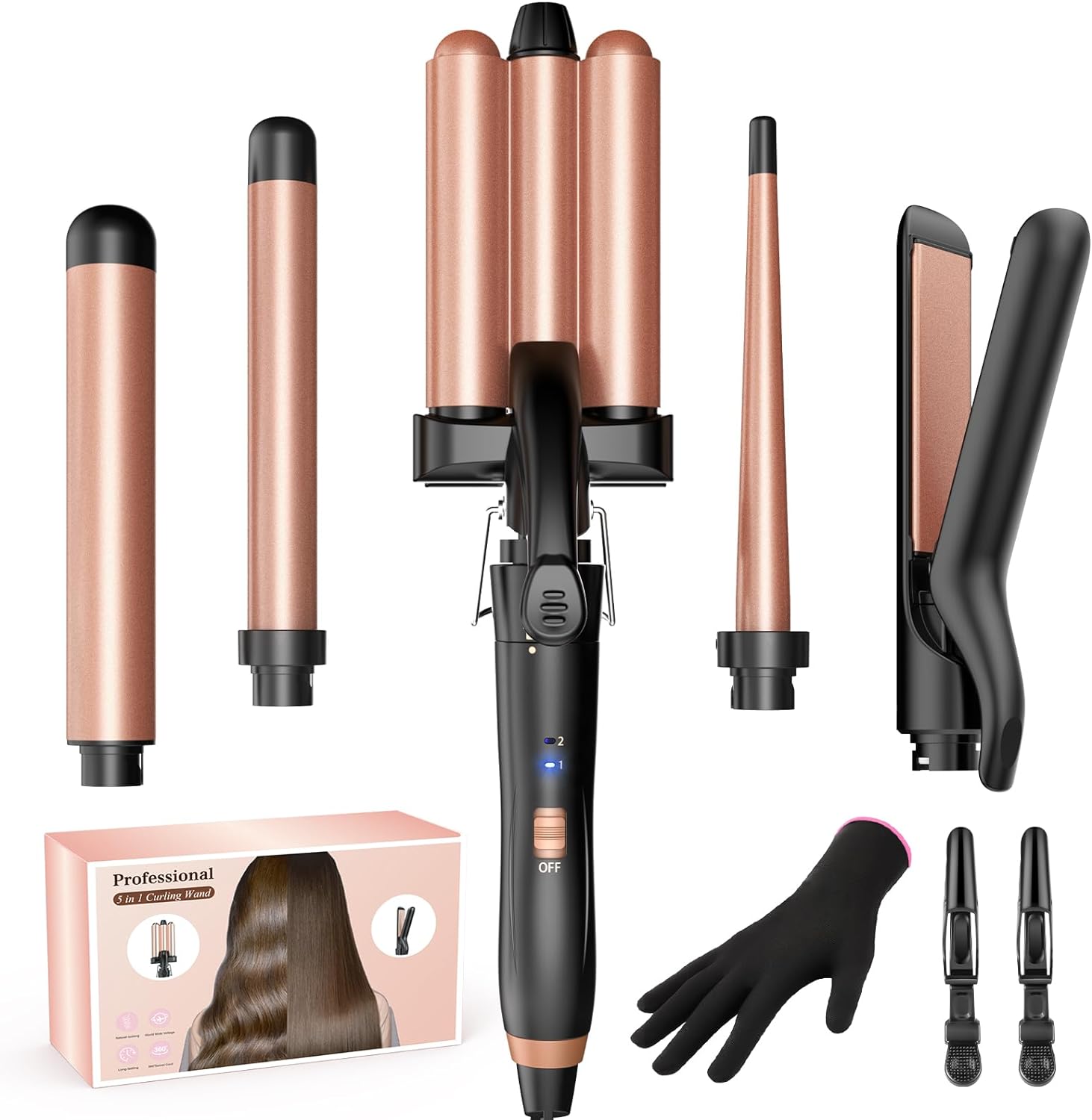 Curling Iron, 3 Barrels, Wave Iron, 5-in-1 Bestope Mix Hair Curler with Hair Straightener, Wave Iron for Hair, Adjustable Temperature, Curling Iron with Glove and 2 Clips
