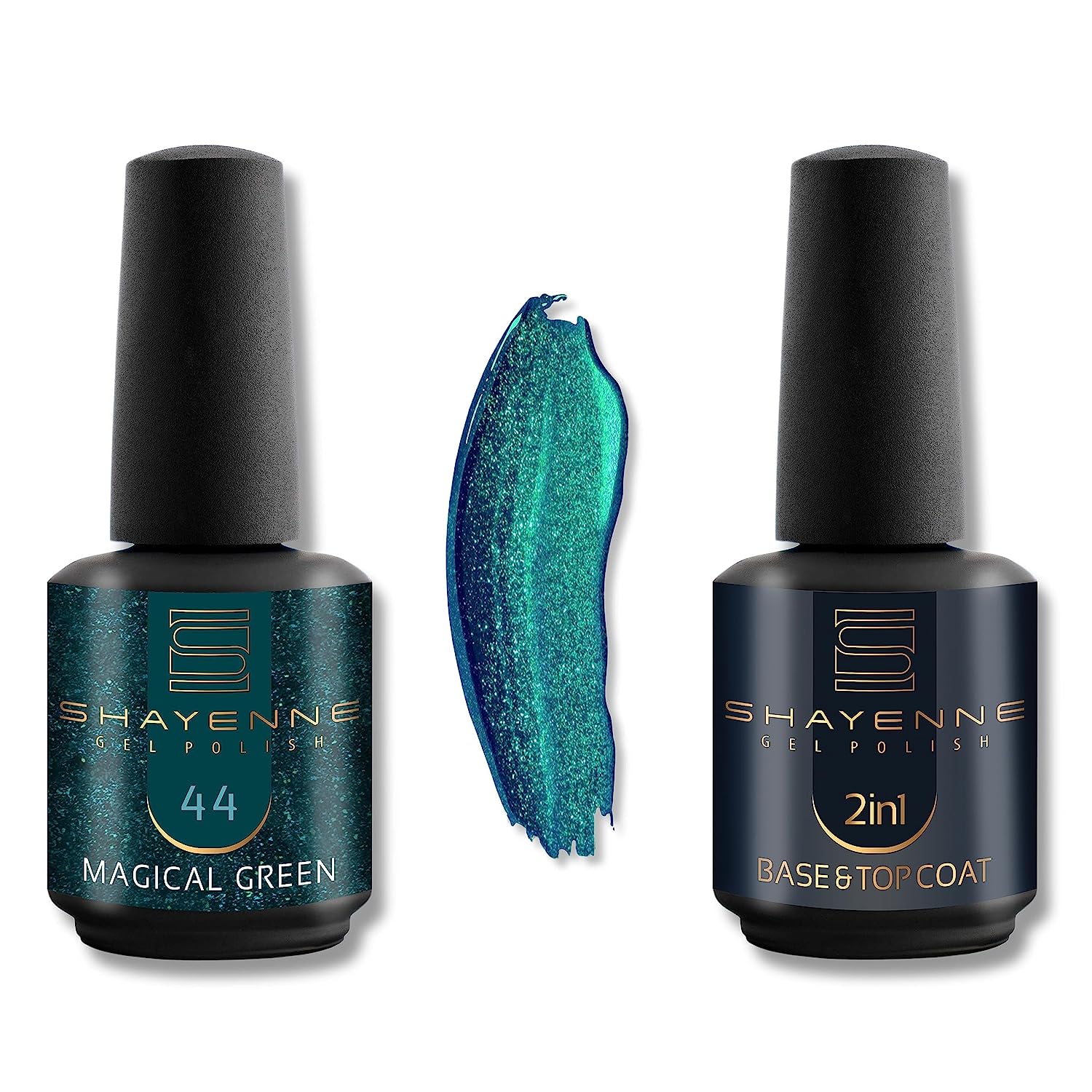 Shayenne Set of 2 UV Gel Nail Polish 44 Magical Green 15 ml + 2-in-1 Base Coat and Top Coat 15 ml UV LED LAMP BASE COAT WITH TOP COAT Nail Polish Gel Shellac (30 ml)