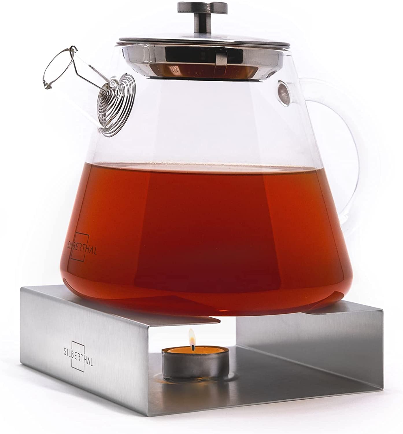 SILBERTHAL Teapot with Teapot Warmer Set Glass - With Strainer Insert - 1.5 Litres - For Keeping The Teapot Warm with Tea Light