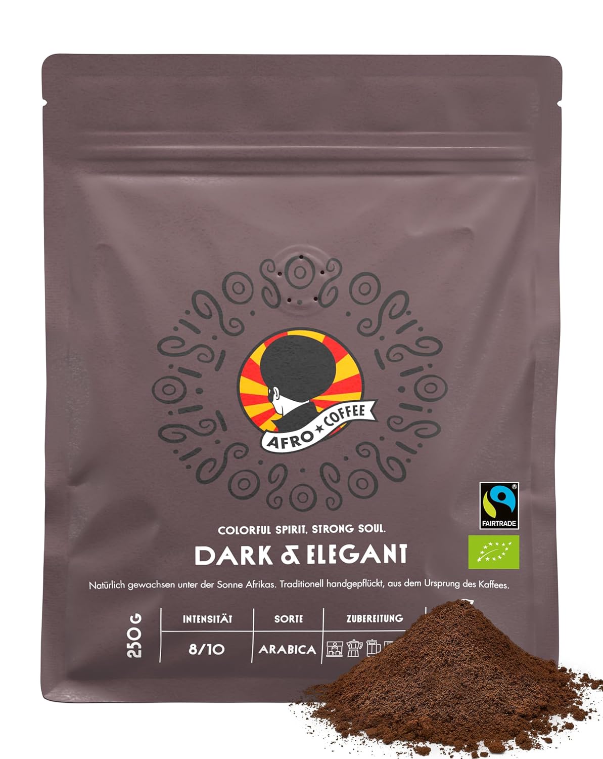 AFRO COFFEE Dark & ​​Elegant I 250 g Premium Organic Coffee Powder Fairtrade I 100% Arabica Ground Coffee I Coffee from Ethiopia with Notes of Bitter Chocolate I Hand Picked, Dark Roasted, Low Acid