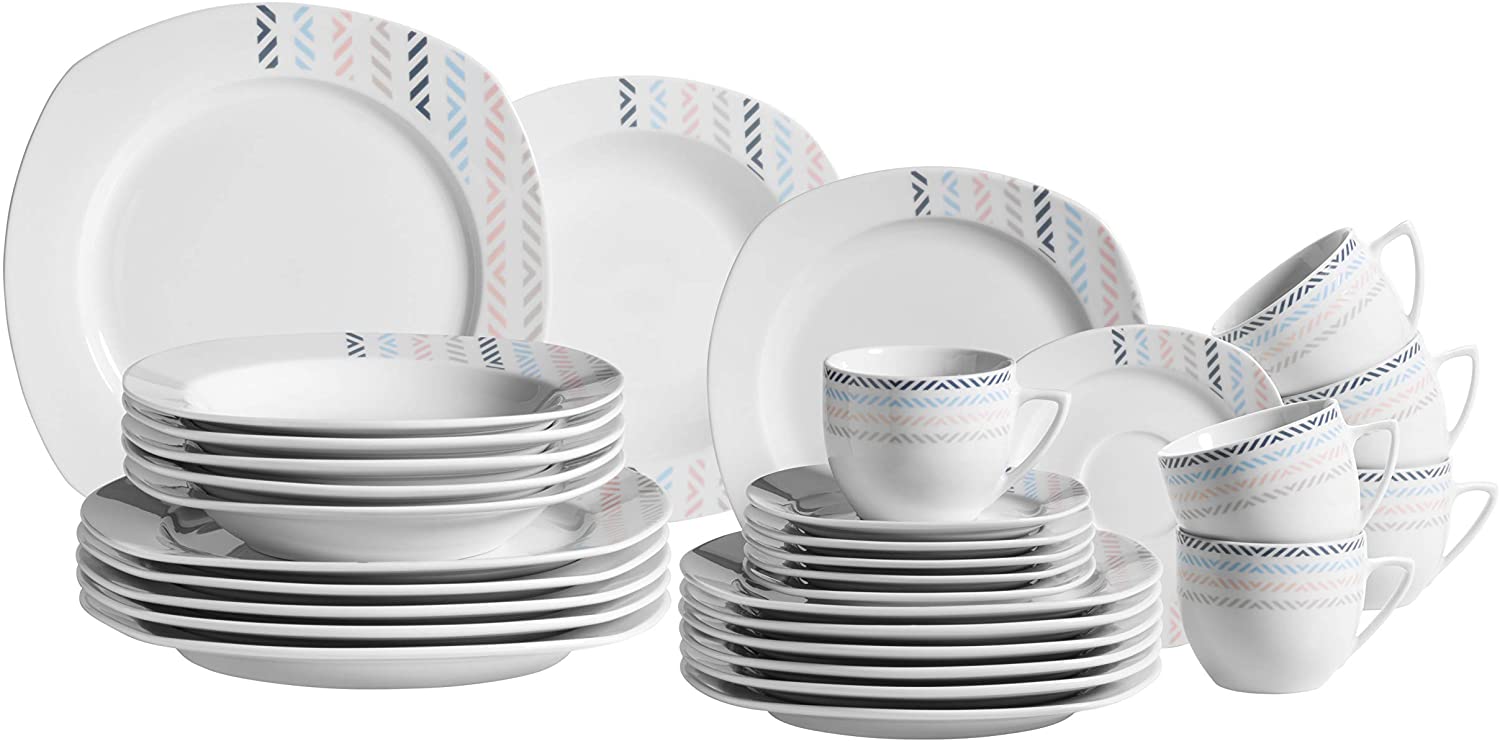 Mäser Clariss 931209 Series Crockery Set 30 Pieces White Porcelain Crockery Set with Subtle Pattern, Plate, Coffee Cup, Dessert Plate for 6 People