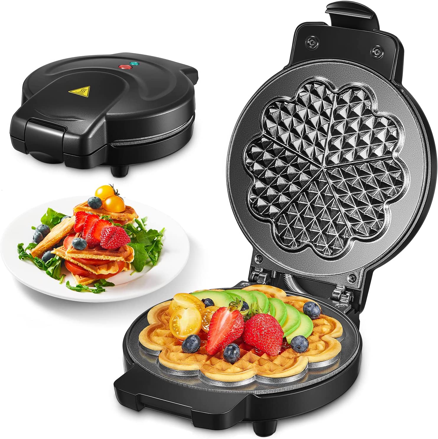 FOHERE WAFFLE INON, HEART SHAPE, 900 W, Waffle Maker with non-Stick Coating, Waffle Size 15.5 cm, Optical Ready-to-Message, Classic Heart Waffle Iron for Family Parties and Christmas