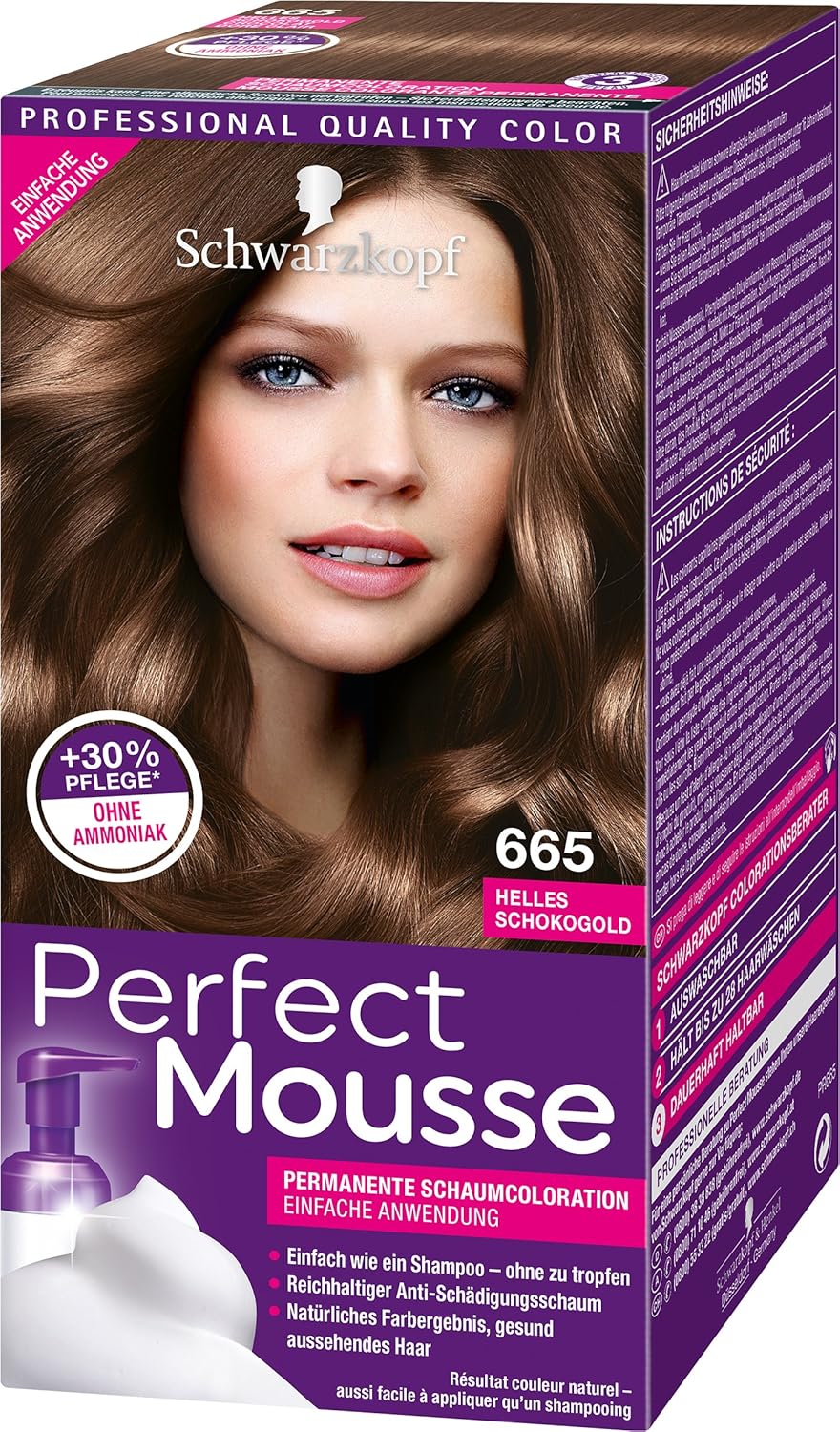 Schwarzkopf Perfect Mousse Permanent Foam Color, 665 Light Chocolate Gold Level 3, Pack of 3 (3 x 93 ml)
