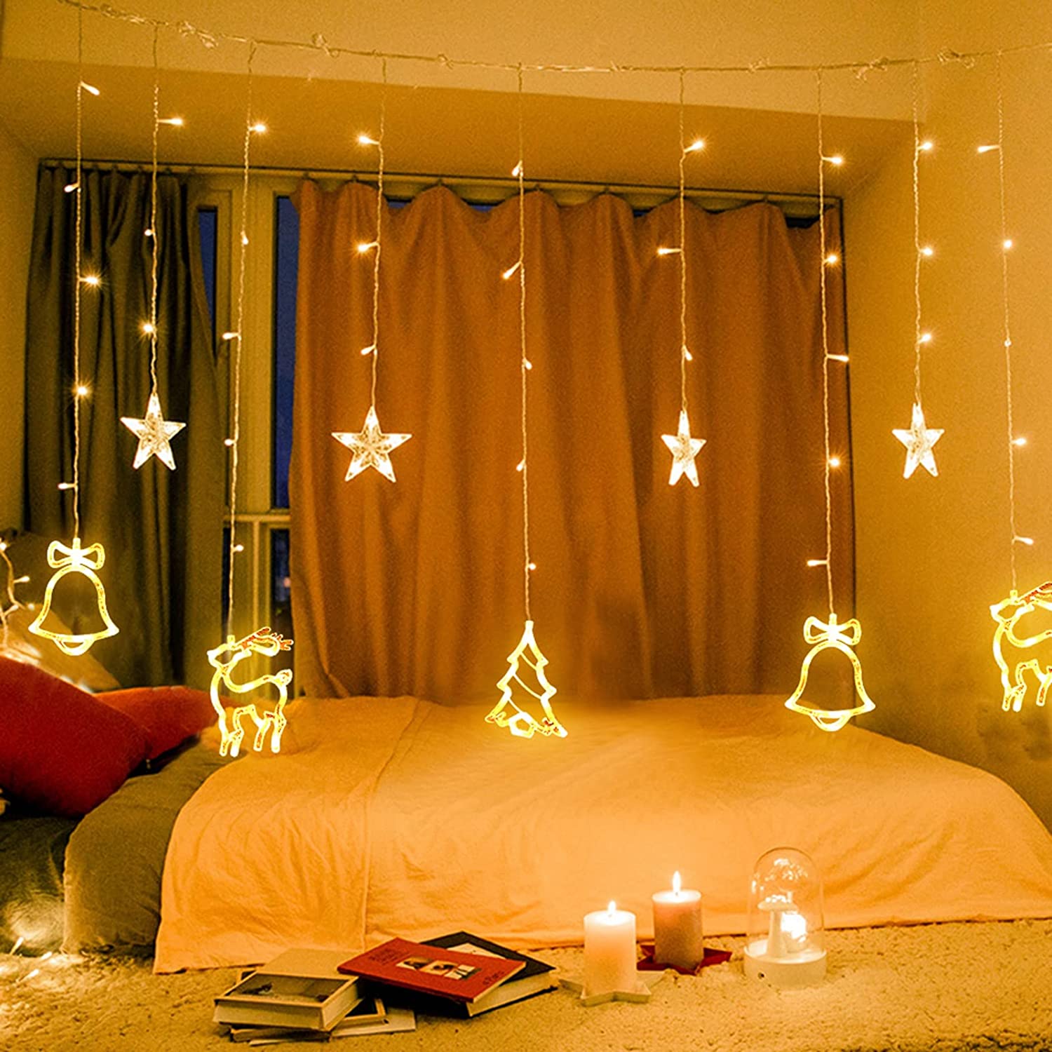 interGo 138 LED Light Curtain, LED Fairy Lights with Stars and Christmas Pattern, C