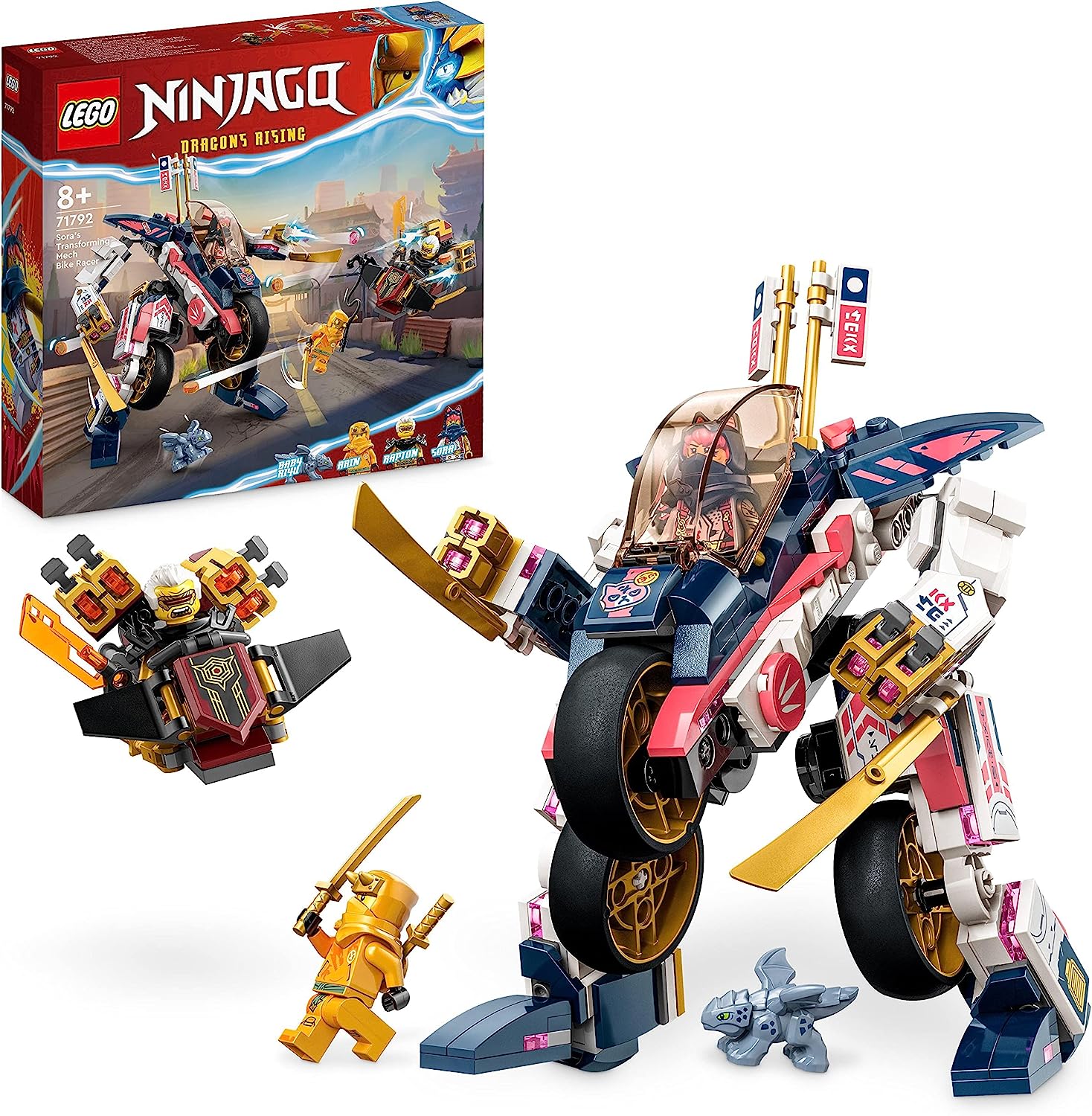 LEGO 71792 Ninjago Soras Transforming Mech Bike Racer, 2-in-1 Set with Transforming Mech Action Figure, Motorcycle Toy Set With 3 Mini Figures for Kids, Boys and Girls