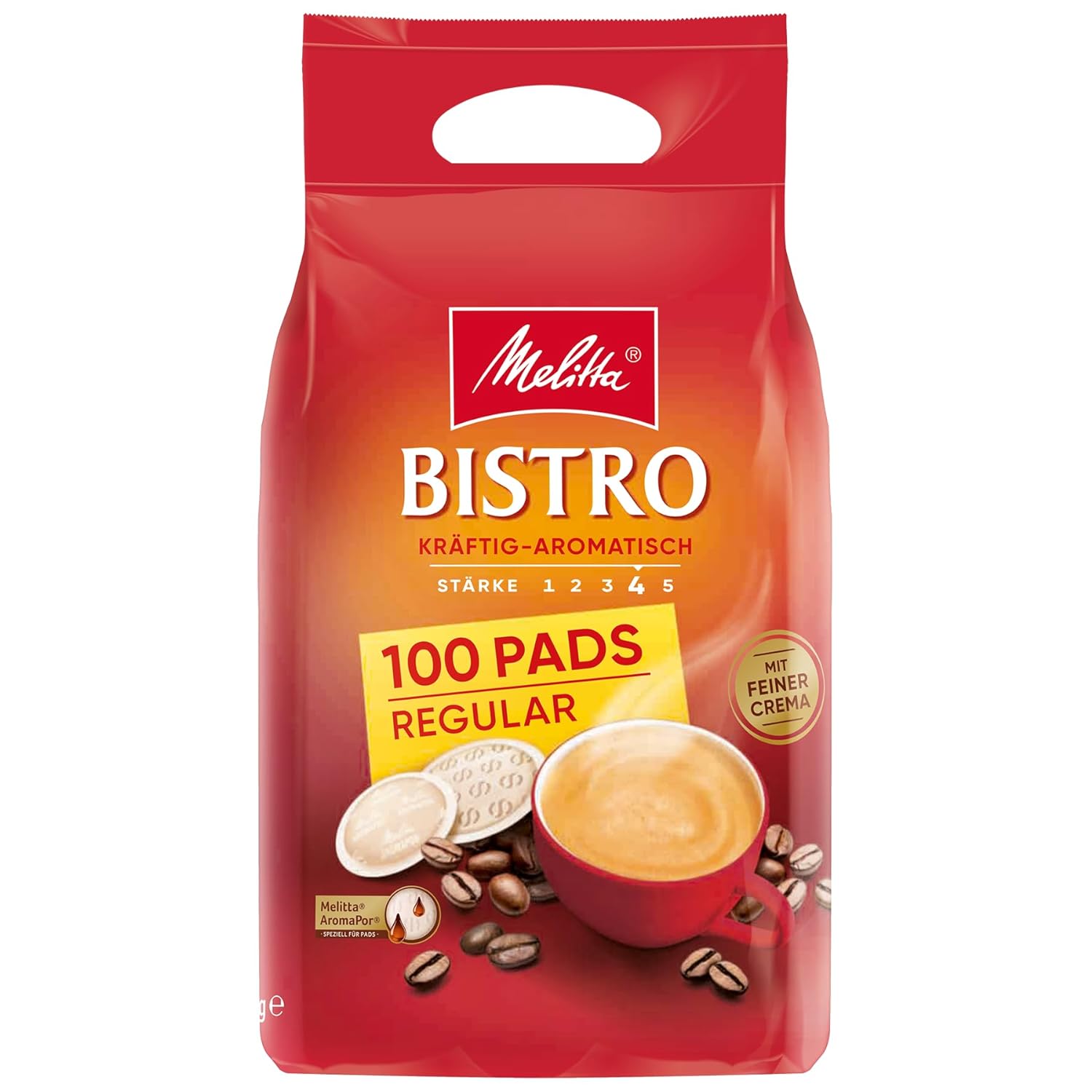 Melitta Café Bistro Roasted Coffee in Coffee Pads, 100 Pads, Coffee Pods for Pad Machine, Strong Roasting, Roasted in Germany, Strong Aromatic