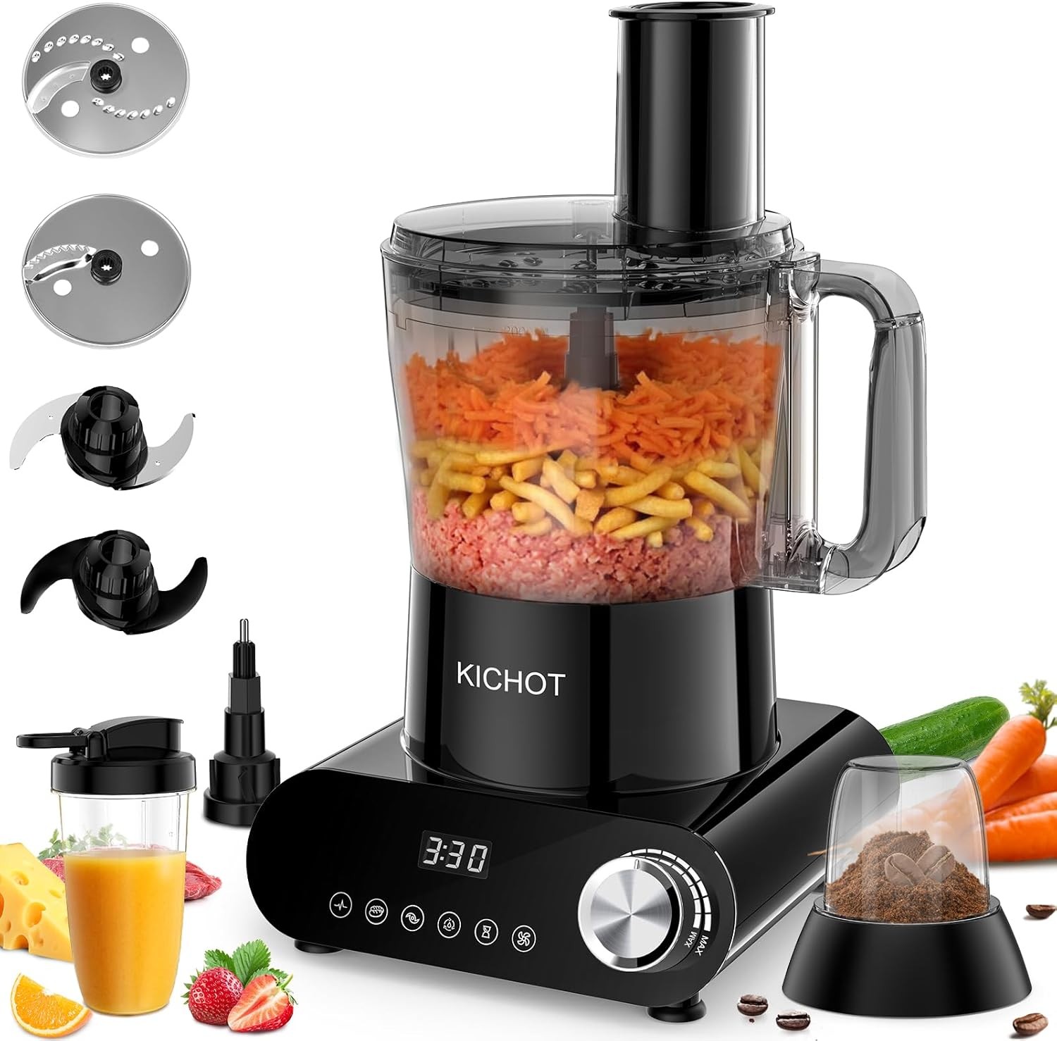 Food Processor & Chopper, 2.5 L Food Processor with Accessories, Grinding Bowl, 1500 W with Large Feeding Chute, Ice Crumbling, Grinding, Citrus Juicer, Grating, Cutting & Dough Preparation, Black