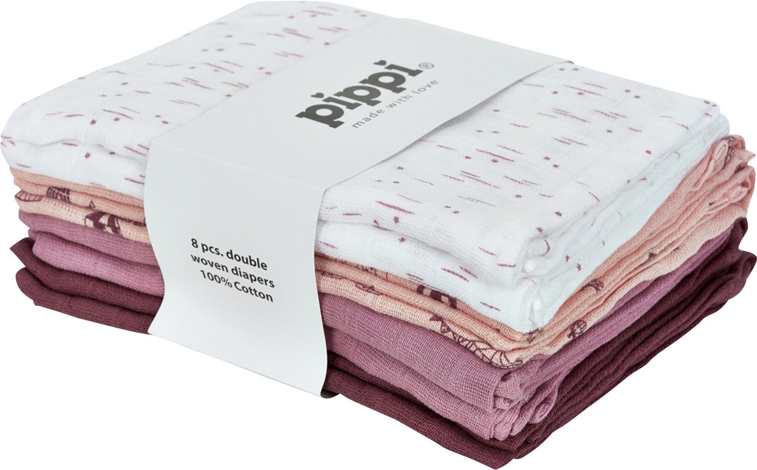 Pippi Muslin Nappies Set - Burp Cloths - Pack of 8 cloth nappies - Cotton 70x70