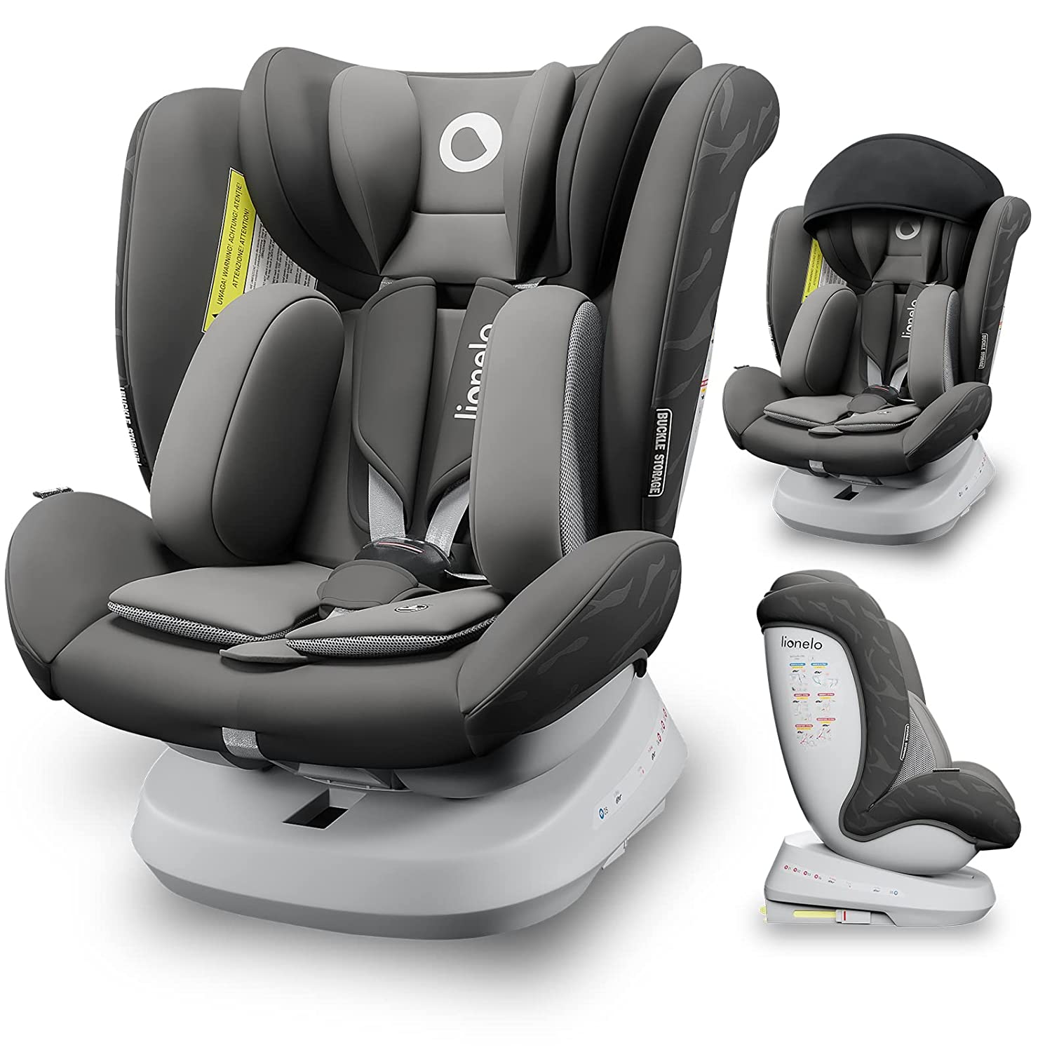 LIONELO Bastiaan One Child Seat from Birth 0-36 kg Isofix Top Tether 360 Degree Rotating Backwards Forward Side Protection 5-Point Seat Belts Dri-Seat (Grey)