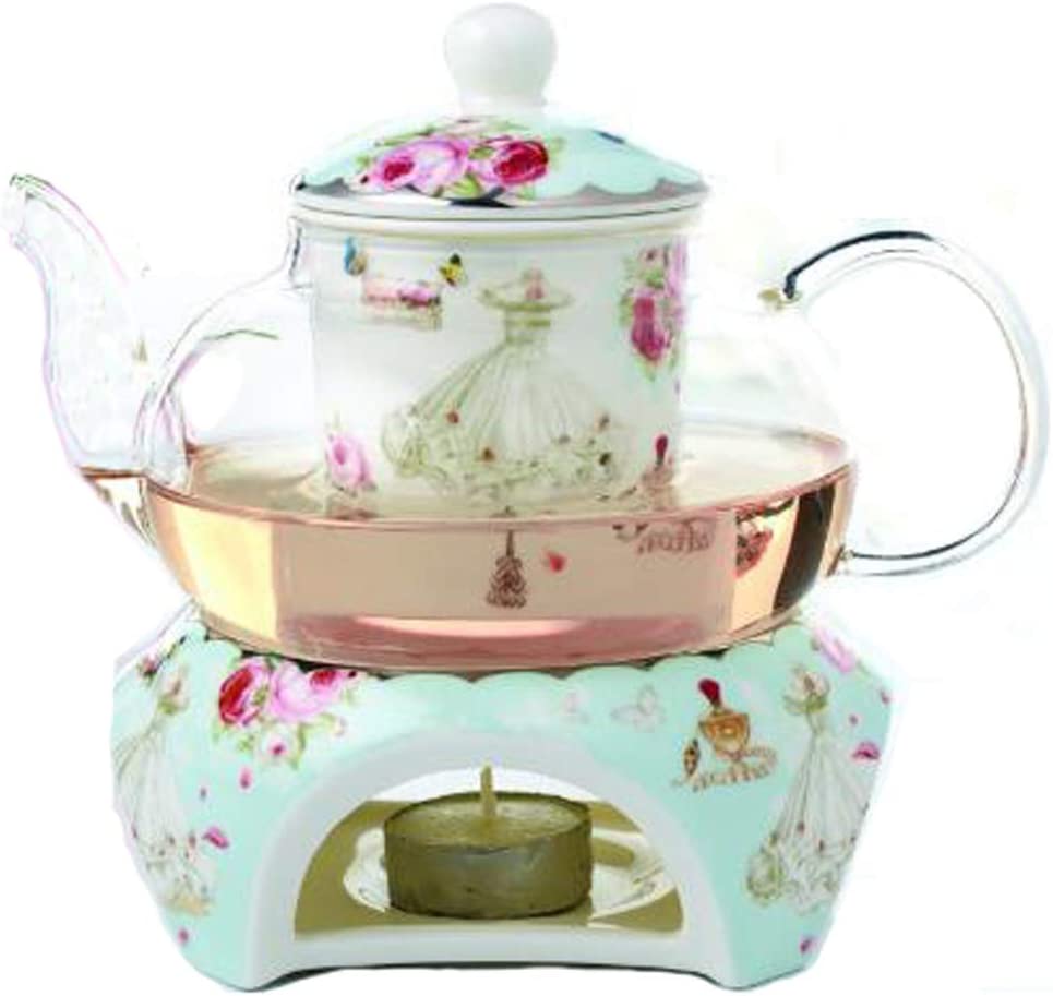 YBK Tech Fine China and Glass Teapot with Warmer and Infuser (Blue (Rose & Dress Pattern)