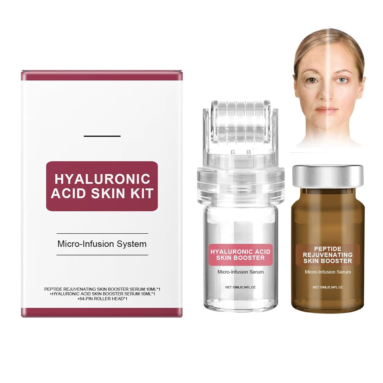 Facial Micro Infusion System with Hyaluronic Serum Set, Face and Lips Roll-On Booster, 10 ml, Pack of 2