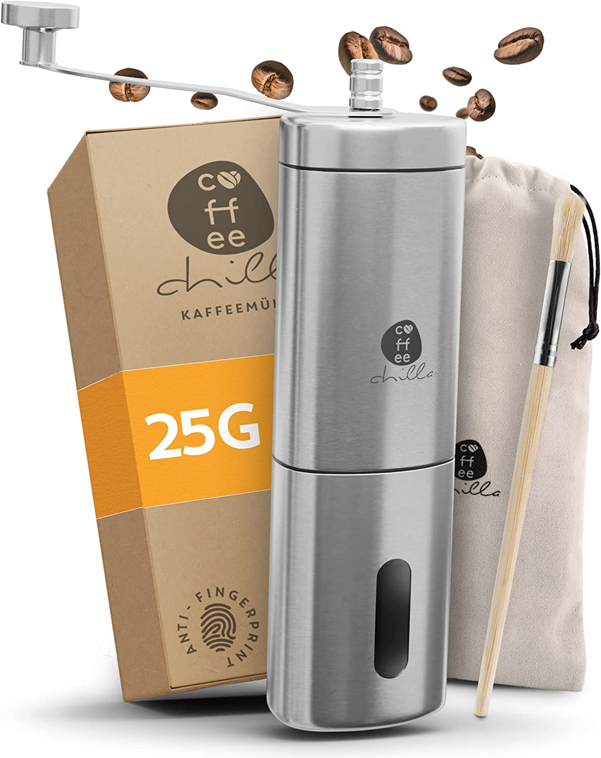coffeechilla® Premium Manual Coffee Grinder, Stainless Steel, Anti-Fingerprint Technology, Finest Coffee Aroma, Thanks to Continuous Grinding Adjustment & Precise Ceramic Cone Grinder, Coffee Grinder Hand