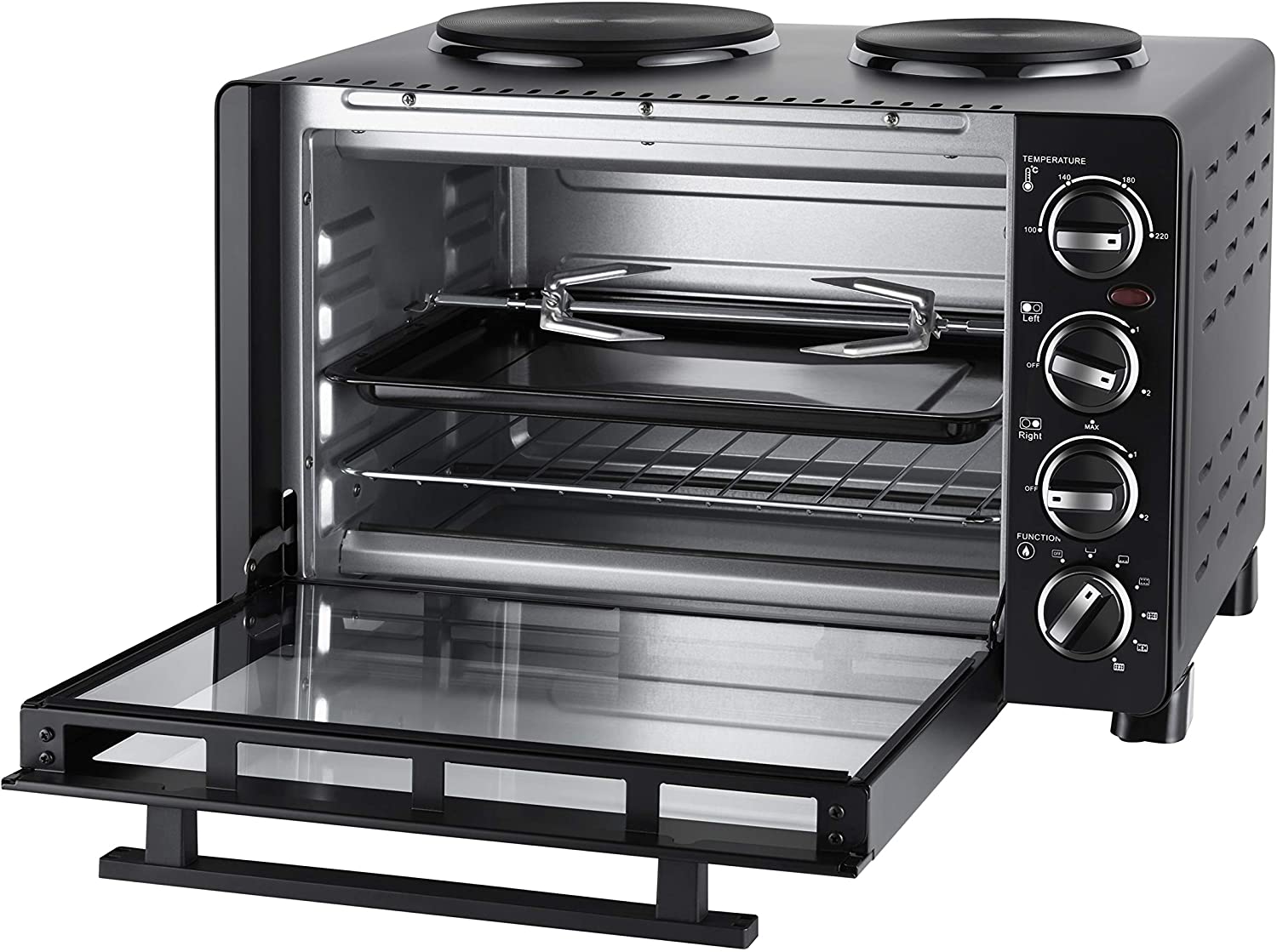 UNOLD 68885 Small Kitchen All in One 600-1,500 W, 30 L Volume, Baking Grill and Rotisserie Oven with 2 Hot Plates, Metal, Black