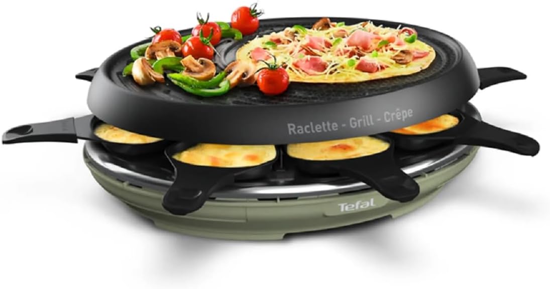 Tefal Re320 Raclette 8 People 1050W-3-in-1 raclette, grill and crepe, 8 pans, non-stick coating, Dishwasher Safe, party grill