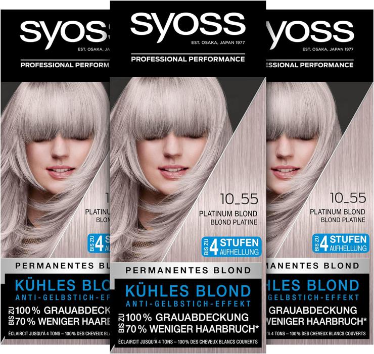 Syoss Color Colouration, 10_55 Platinum Blonde Lightening Level 3 (3 x 115 ml), Hair Color with Anti-Yellow Tint Effect for Cool Blonde, 70% Less Hair Breakage