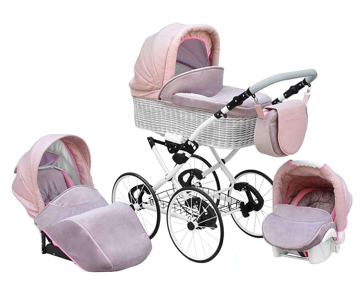 Lux4Kids Retro Pushchair Nature One Pro Puncture Free 27 Inch Spoke Wheels Wicker Basket Powder Kiss 03 3-in-1 with Baby Seat