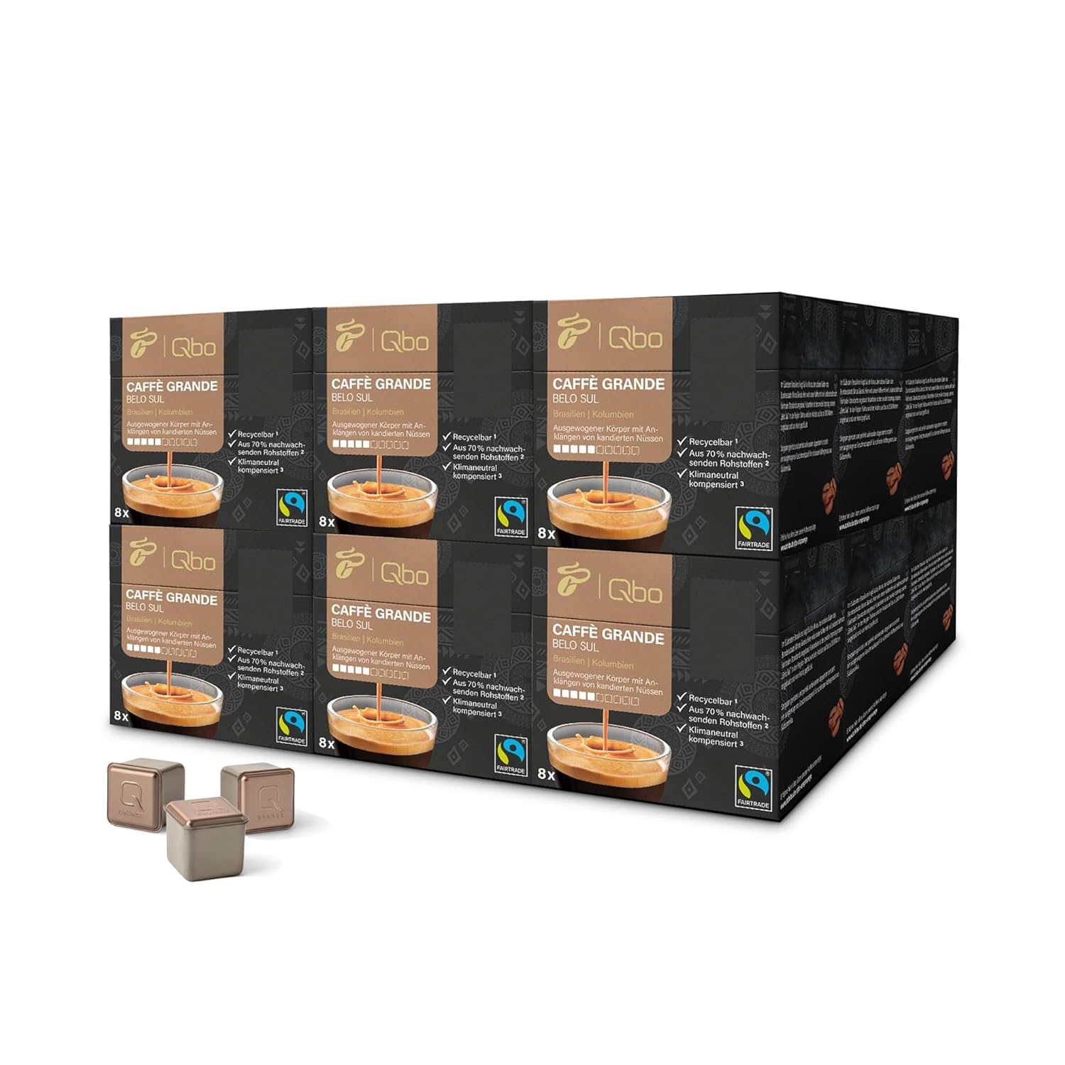 Tchibo Qbo Caffè Grande Belo Sul Premium Coffee Capsules, Pack of 144, 18 x 8 Capsules (Caffè Grande, Intensity 5/10, Balanced and Nutty), Sustainable, Made from 70% Renewable Raw Materials
