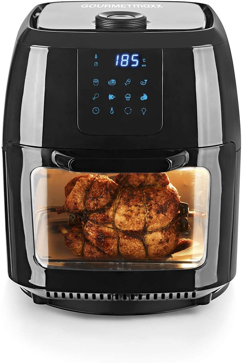 GOURMETmaxx Digital XXL Hot Air Fryer, 9 Litres | Frying without Fat, Fryer, Oven and Rotary Grill in One | Includes Rotisserie for Chicken and Kebab Skewers [1,800 Watts/Black]