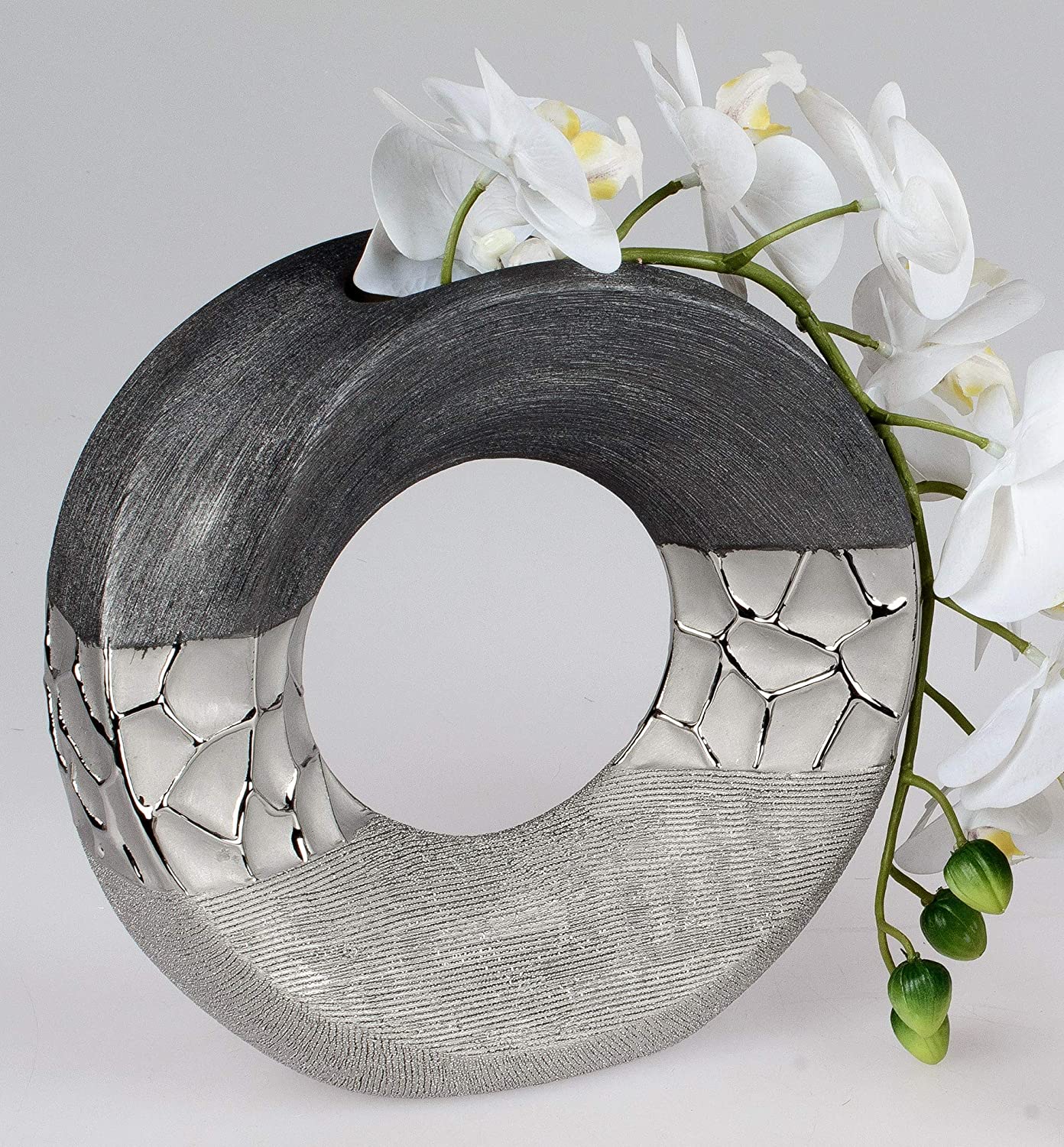 Formano Decorative Vase Silver Grey Ceramic Matt Brushed with Relief (Diameter 18 cm Height 7.5 cm)