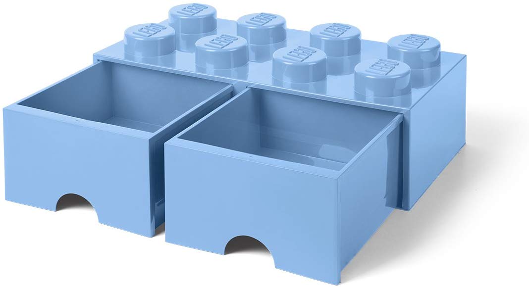 Lego Brick Drawer 8 Buttons, 2 Drawers, Stackable Storage Box, Light Blue, 