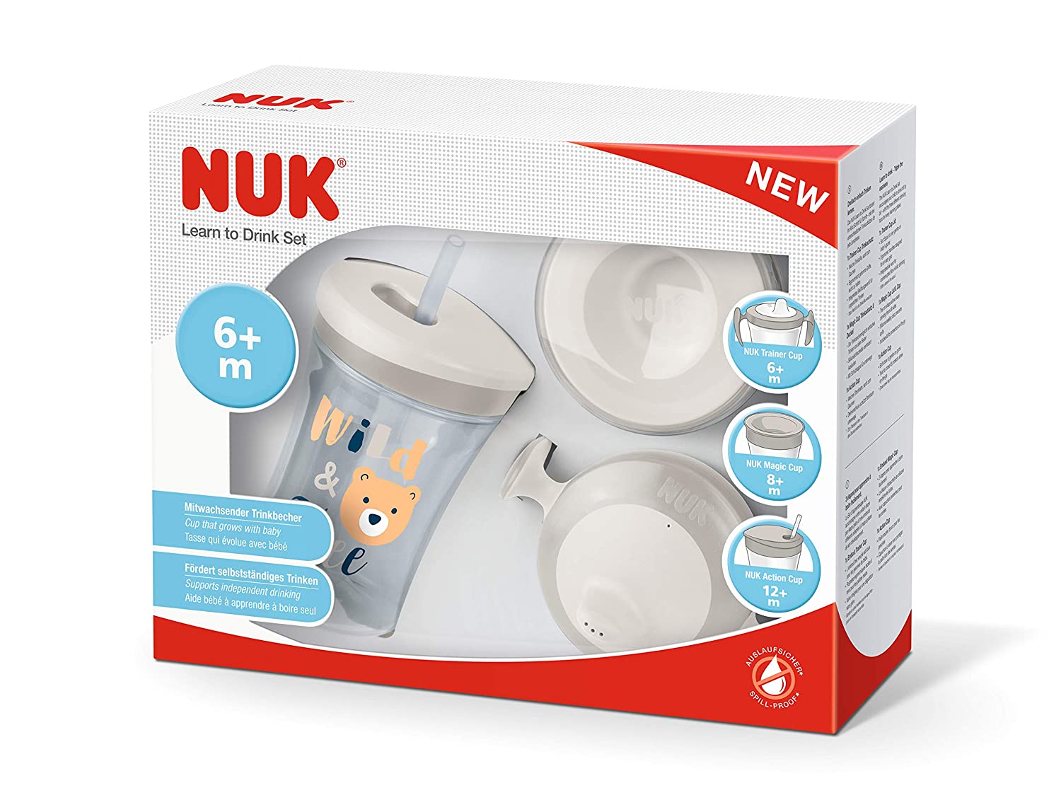 NUK 3-in-1 drinking learning set, with Trainer Cup drinking cup Baby, Magic Cup 360 ° drinking learning cup and Action Cup drinking learning bottle, 6+ months, 230ml, BPA-free, bear (gray)