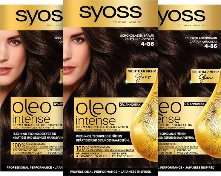 Syoss Oleo Intense Permanent Oil Coloration Hair Color, 4-86 Chocolate Brown with Nourishing Oil and Ammonia Free, Pack of 3 (3 x 115 ml)