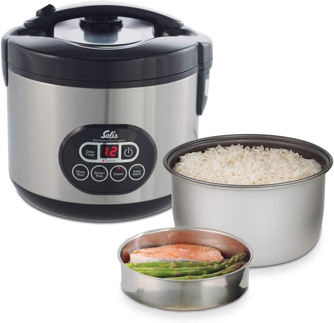Solis Rice Cooker and Steamer, White/Brown Rice, Timer and Warming Function, 6 Cups Rice, 1.2 Litres, Includes Measuring Cup and Ladle, Duo Program (Type 817)