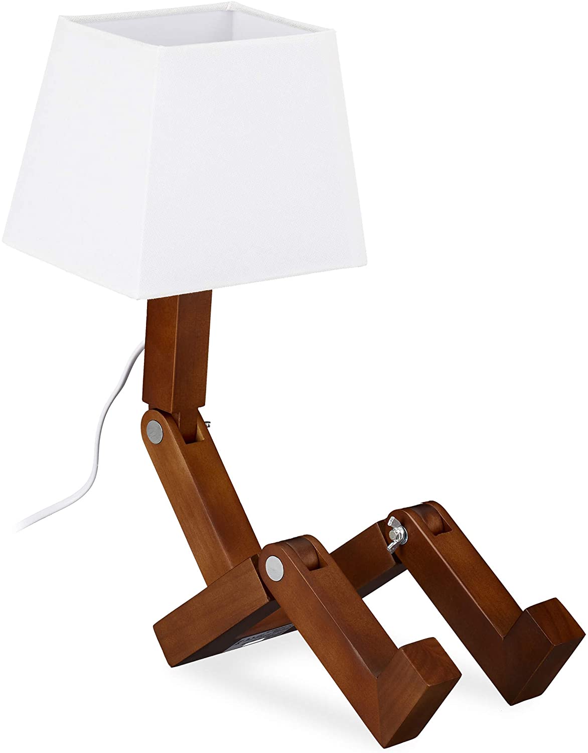 Relaxdays 10032216 Robot Table Lamp, Fabric Lampshade, Wood, Children\'s Lamp, 42 x 18 x 32 cm, Brown