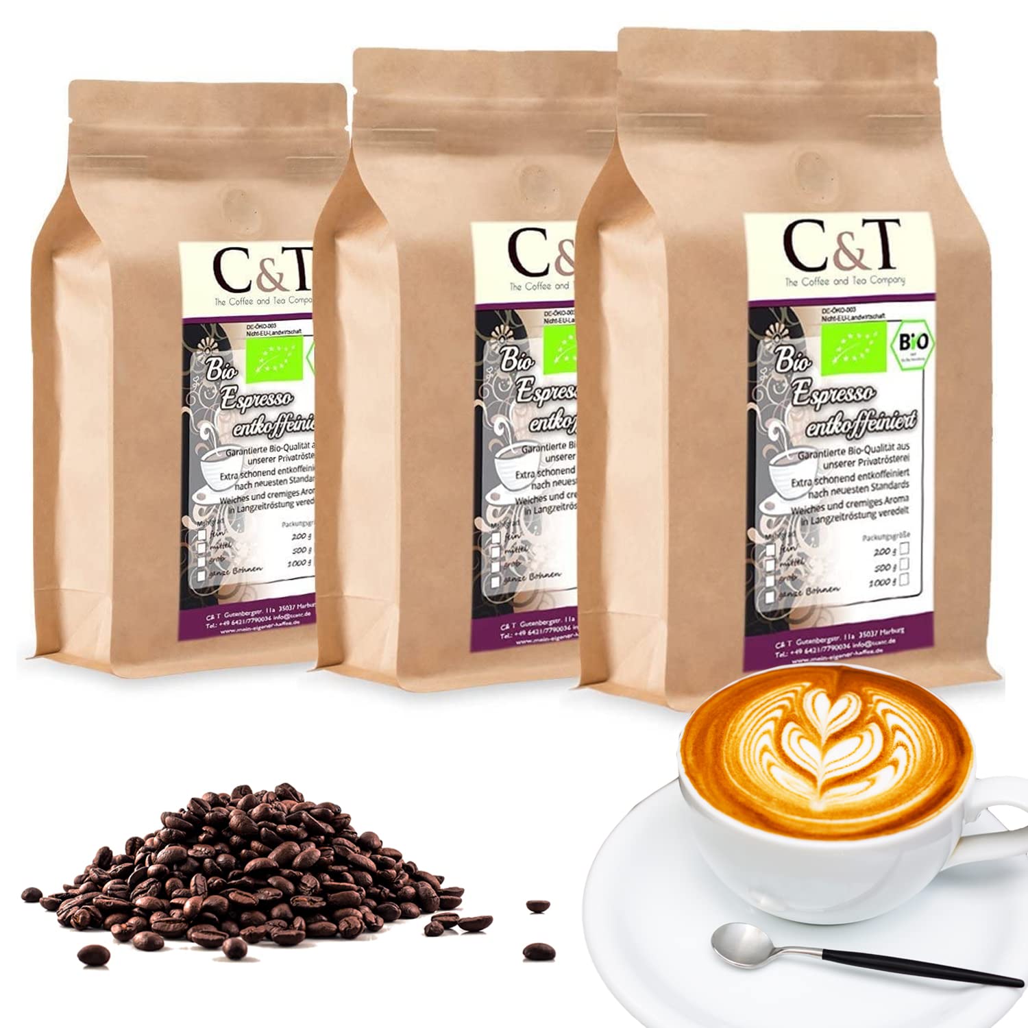 C&T Organic Espresso Crema Decaffeinated | 3 x 1000g whole beans | 100% Arabica Coffee | Cafe Gastro Economy Pack in Kraft Paper Bag