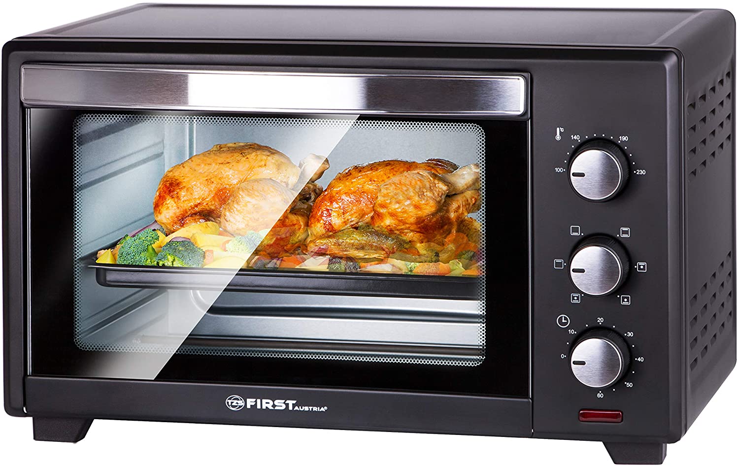TZS First Austria 30 Litre, 1600W Mini Oven with Interior Lighting and Air Circulation, Removable Crumb Tray, Mini Pizza Oven with Double-Glazed Door and Timer, Oven / Mini Oven / Pizza Oven