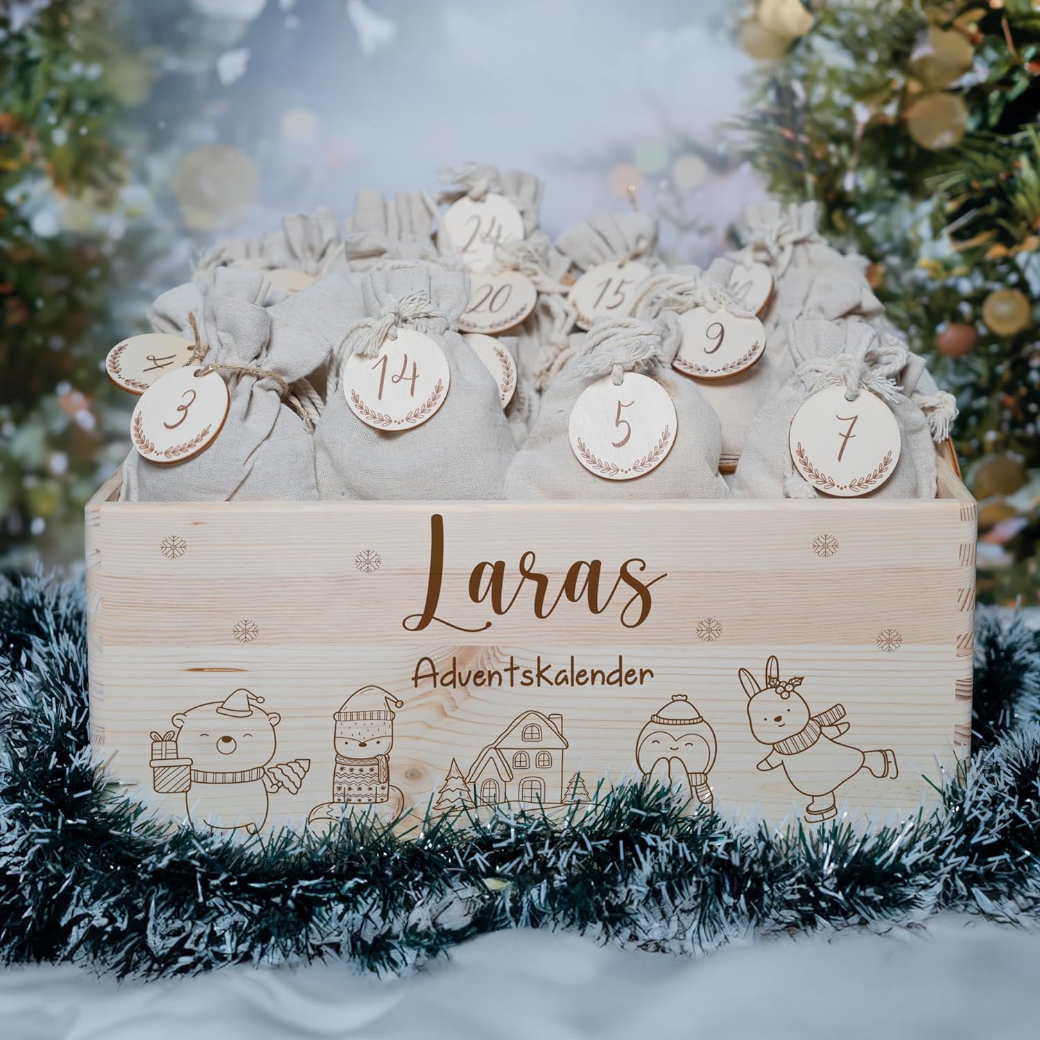 Kidsmood Personalized Box for Special Surprises, Advent Calendar for Filling, DIY Christmas Calendar with Jute Bags & Wooden Numbers