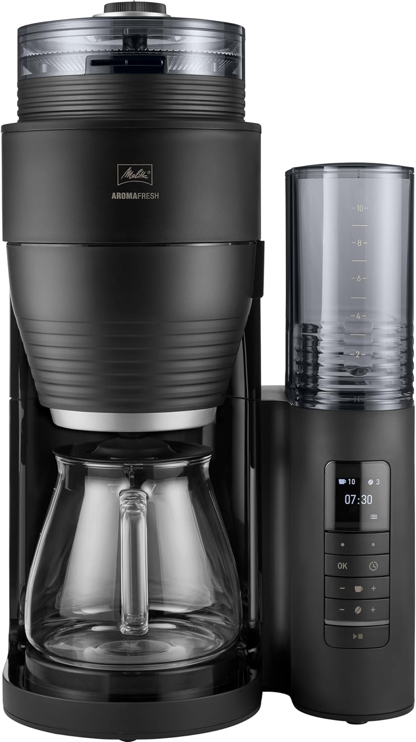 Melitta AromaFresh Pro X - Filter Coffee Machine - Integrated Grinder - with Glass Jug - Adjustable Grinder - Drip Stop - 10 Cups - Black/Silver (1030-02)