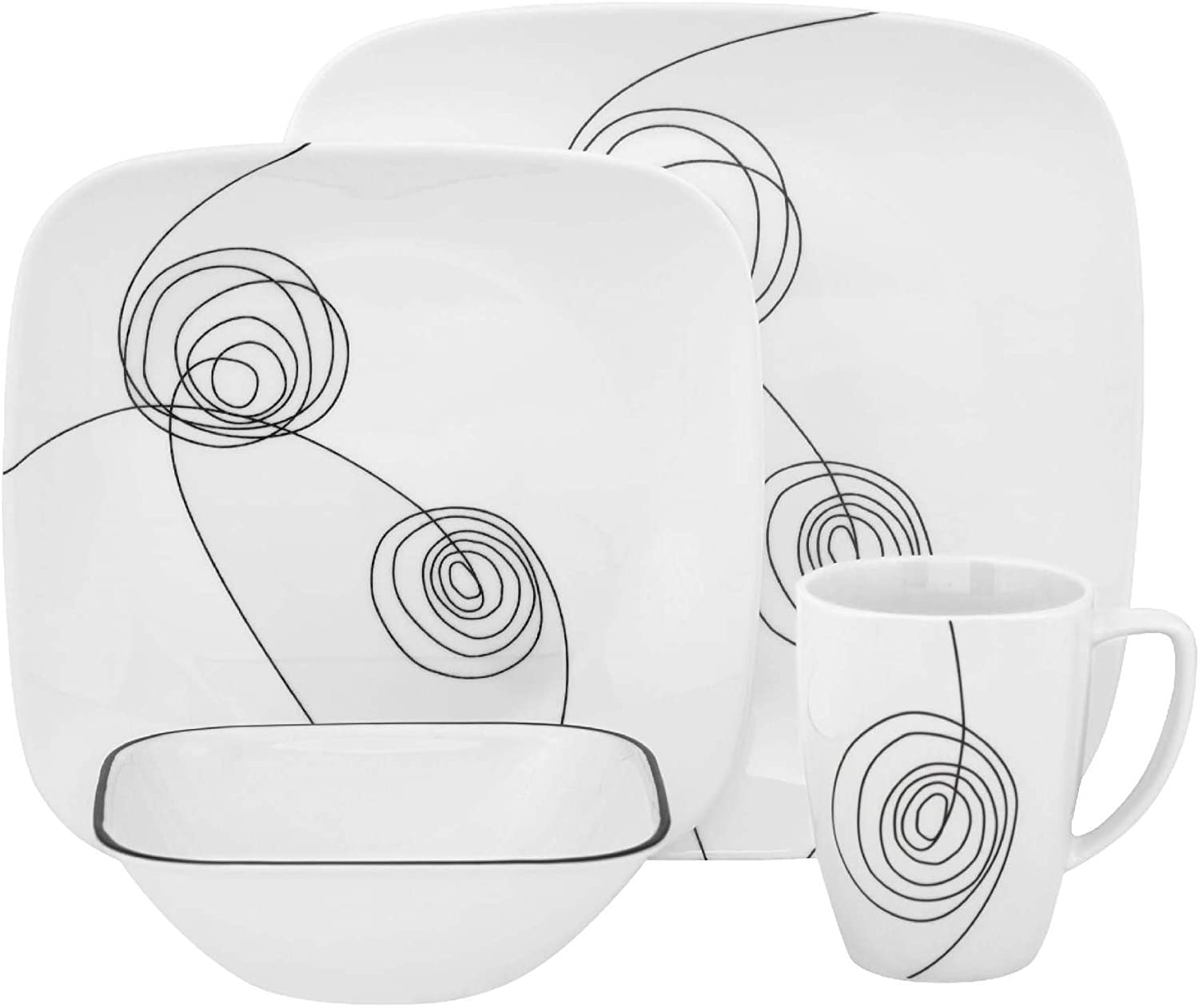 Corelle 16-Piece Vitrelle Glass Scribble Lines Chip and Break Resistant Dinner Set, Service for 4, Black