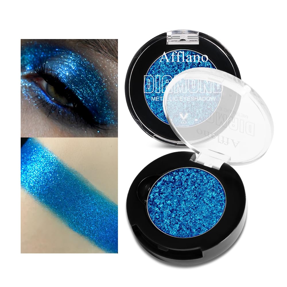 Afflano Blue Glittering Eyeshadow, Diamond Blue Shimmering Eyeshadow, Super Pigmented Blue Glitter Eyeshadow One Wish, Color Release Holographic Eyeshadow for Blue Eyes Makeup Eyeshadow