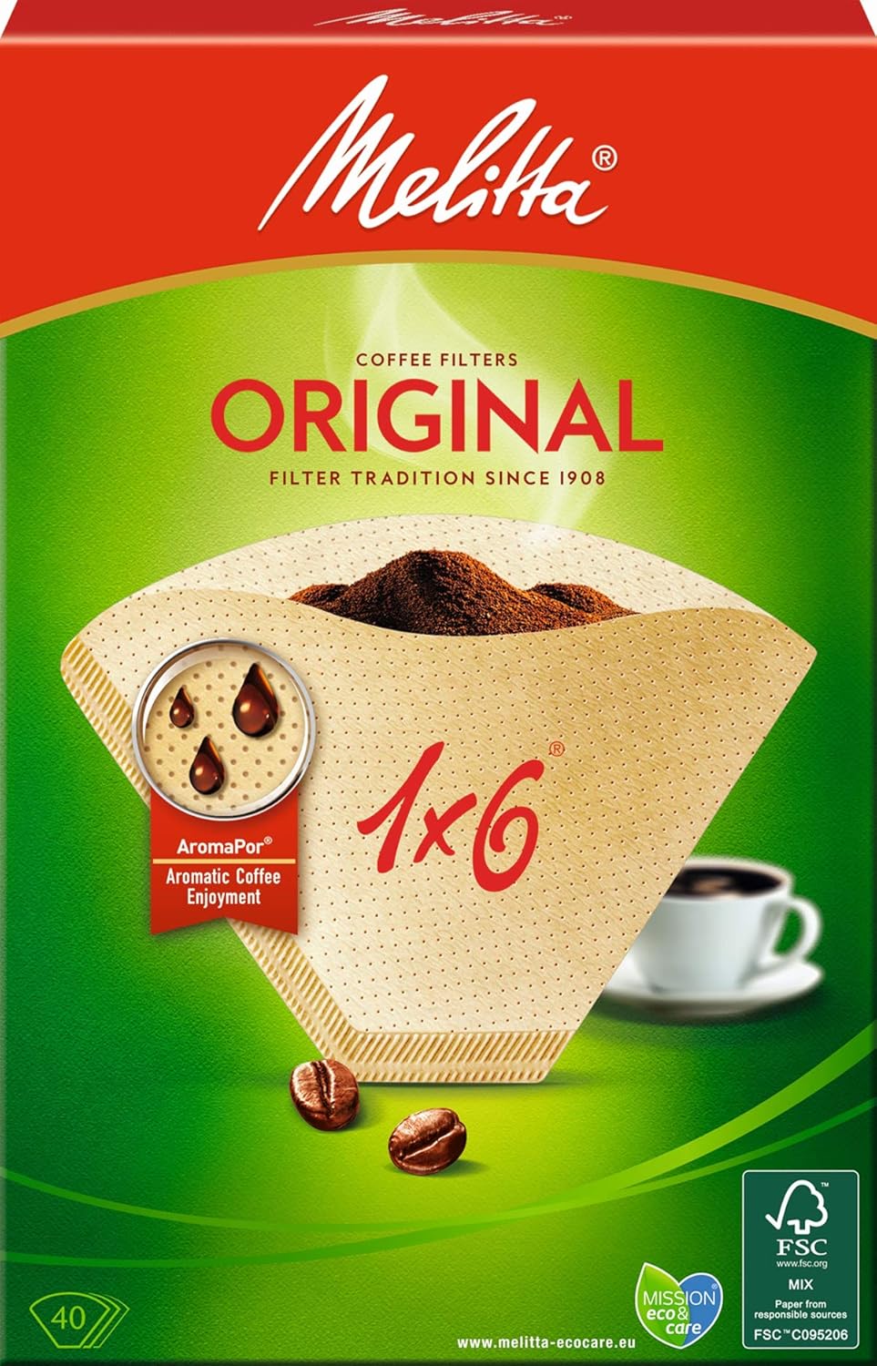 Melitta Melitta 40 Coffee Filters, Size 1 x 6, for Filter Coffee Maker, Original, Brown