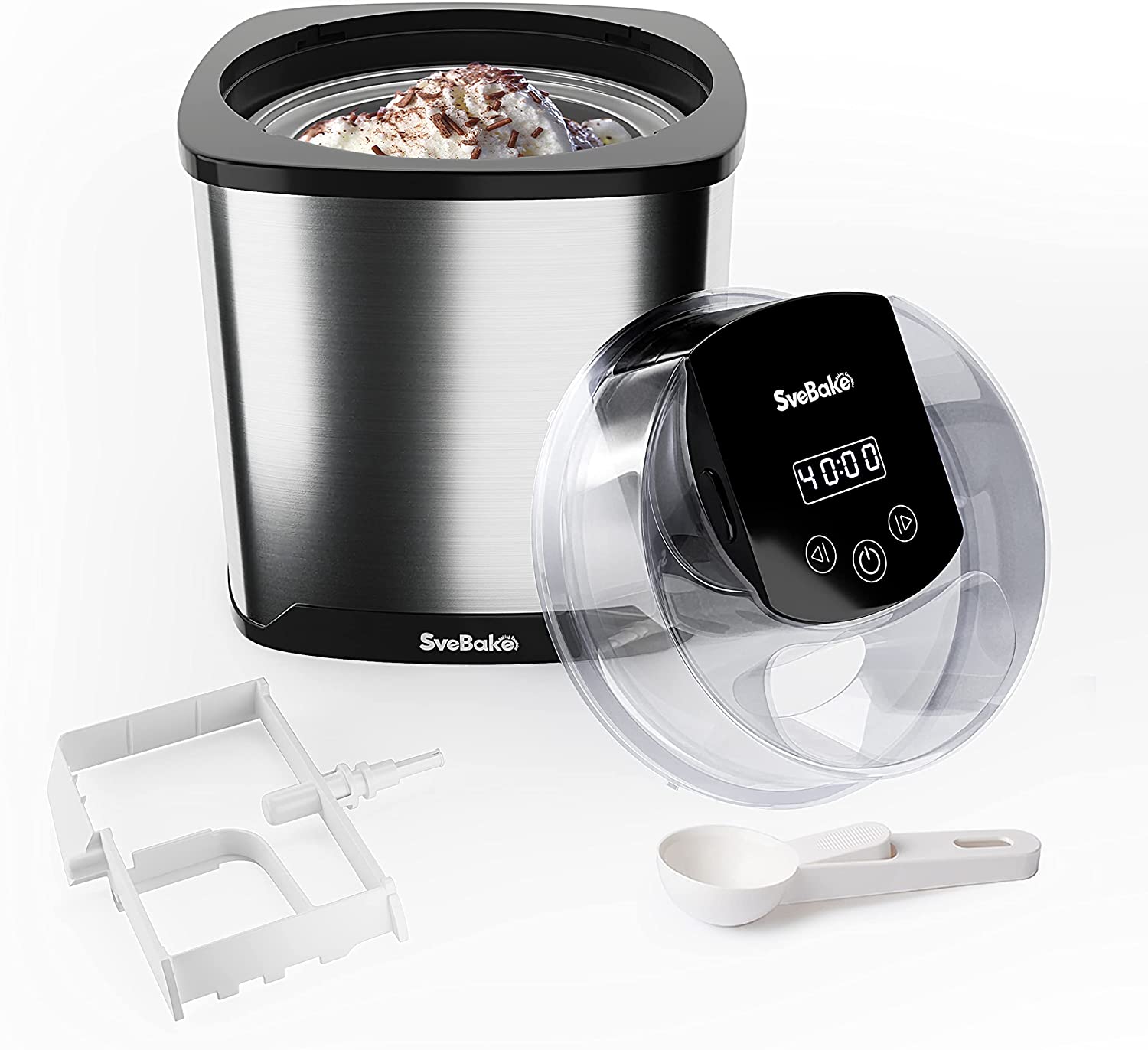 SveBake Ice Cream Maker with 2 Litre Freezer Container and Stainless Steel Chassis - Digital LED Timer & Lid Opening, Ice Cream Maker for Frozen Yogurt, Sorbet and Ice Cream, Incl. Recipes (English language version not guaranteed).