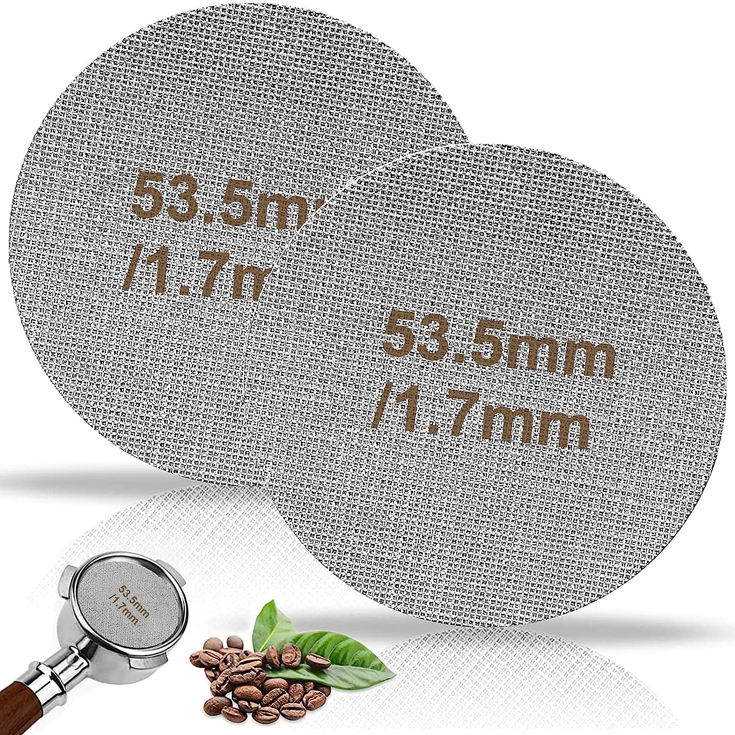 Puck Strainer, 51 mm, Pack of 2, Puck Screen, Sintered Coffee Filter Plate for Espresso Filter Holder Accessories, 1.7 mm Thickness, 150 μm, Stainless Steel, 316, Reusable, Rustproof (2 Pieces 53.5 mm)