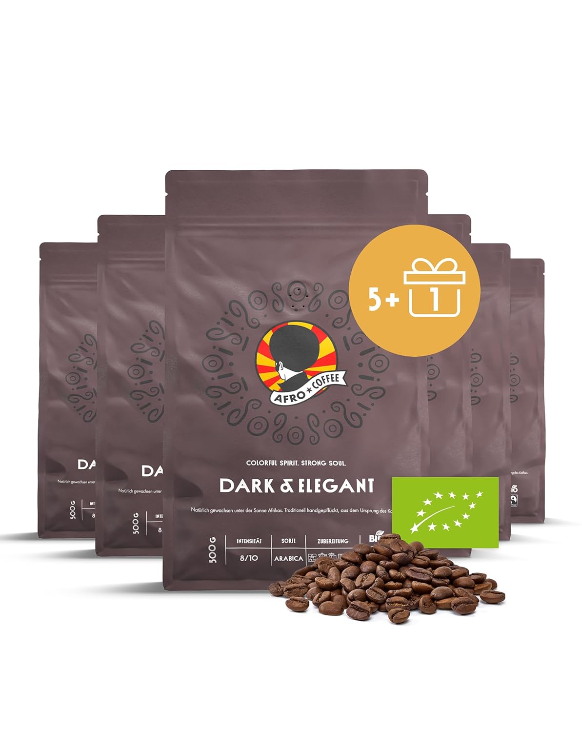 AFRO COFFEE Dark & ​​Elegant I 5+1 Offer 500 g Premium Organic Coffee Beans Fairtrade I 100% Arabica Beans I Coffee from Ethiopia with Notes of Bitter Chocolate I Hand Picked, Dark Roasted, Low Acid