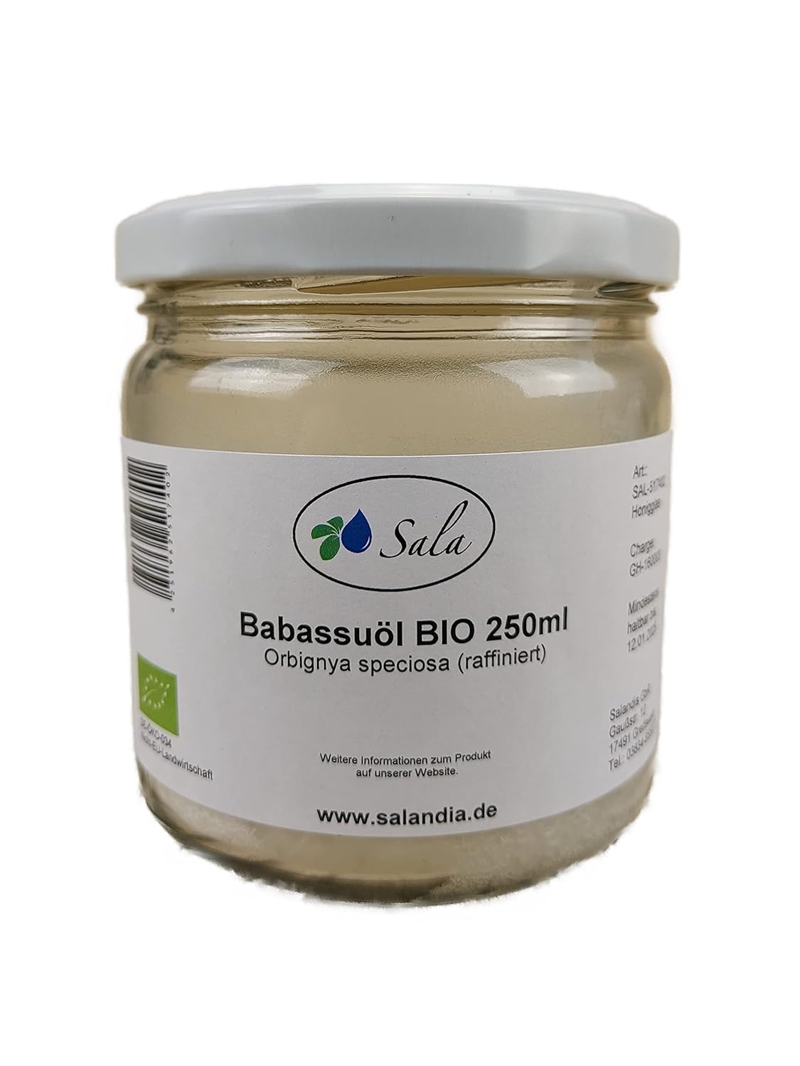 Sala Babassu Oil Refined Food Grade Organic 250 ml Glass