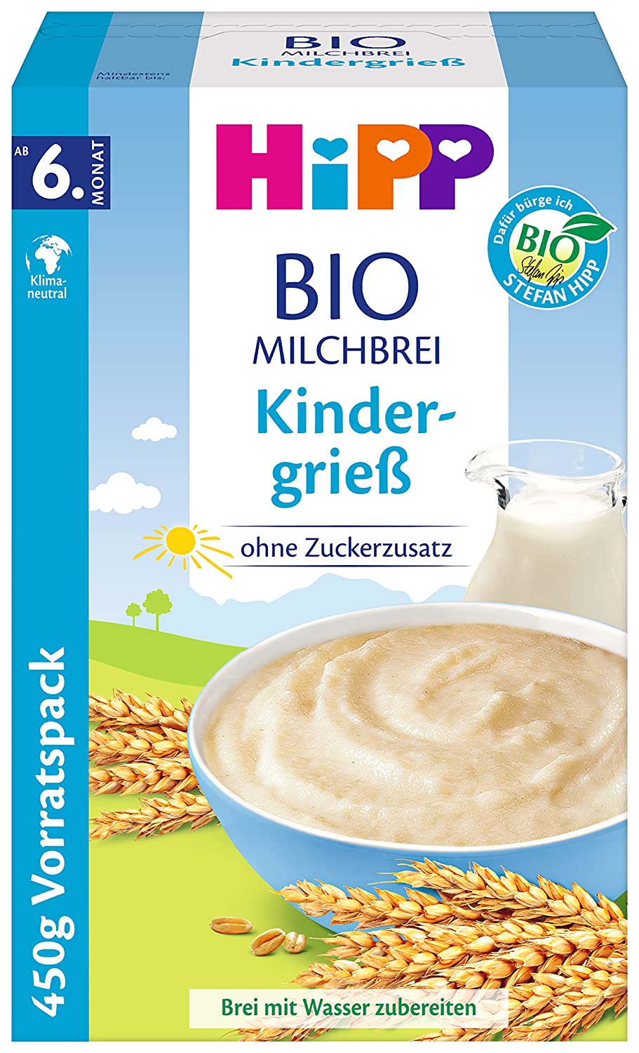 HiPP Bio-Milchbreie ohne Zuckerzusatz, Kindergrieß, Vorratspackung (4x450g)